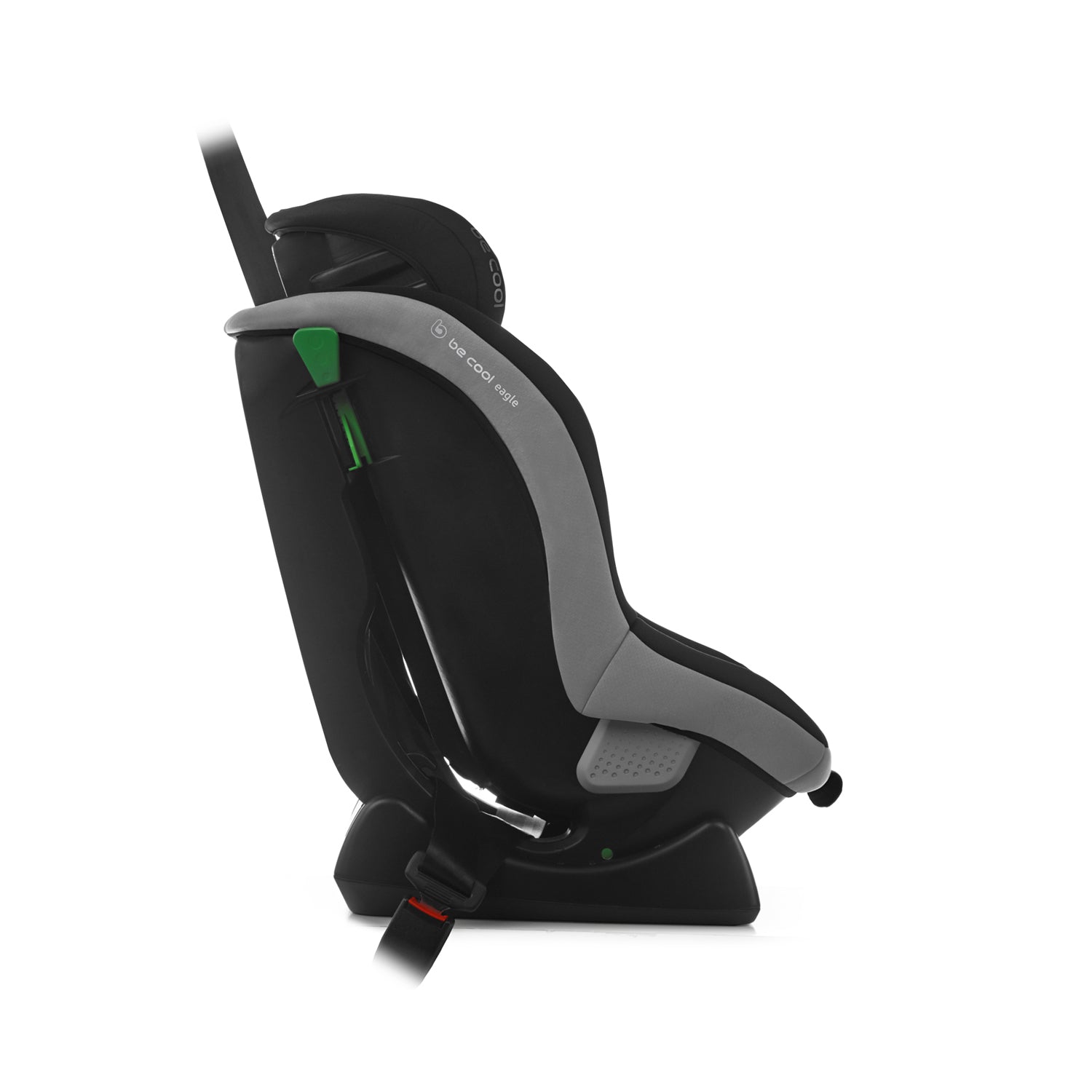 Black and gray car seat with green accents on a white background