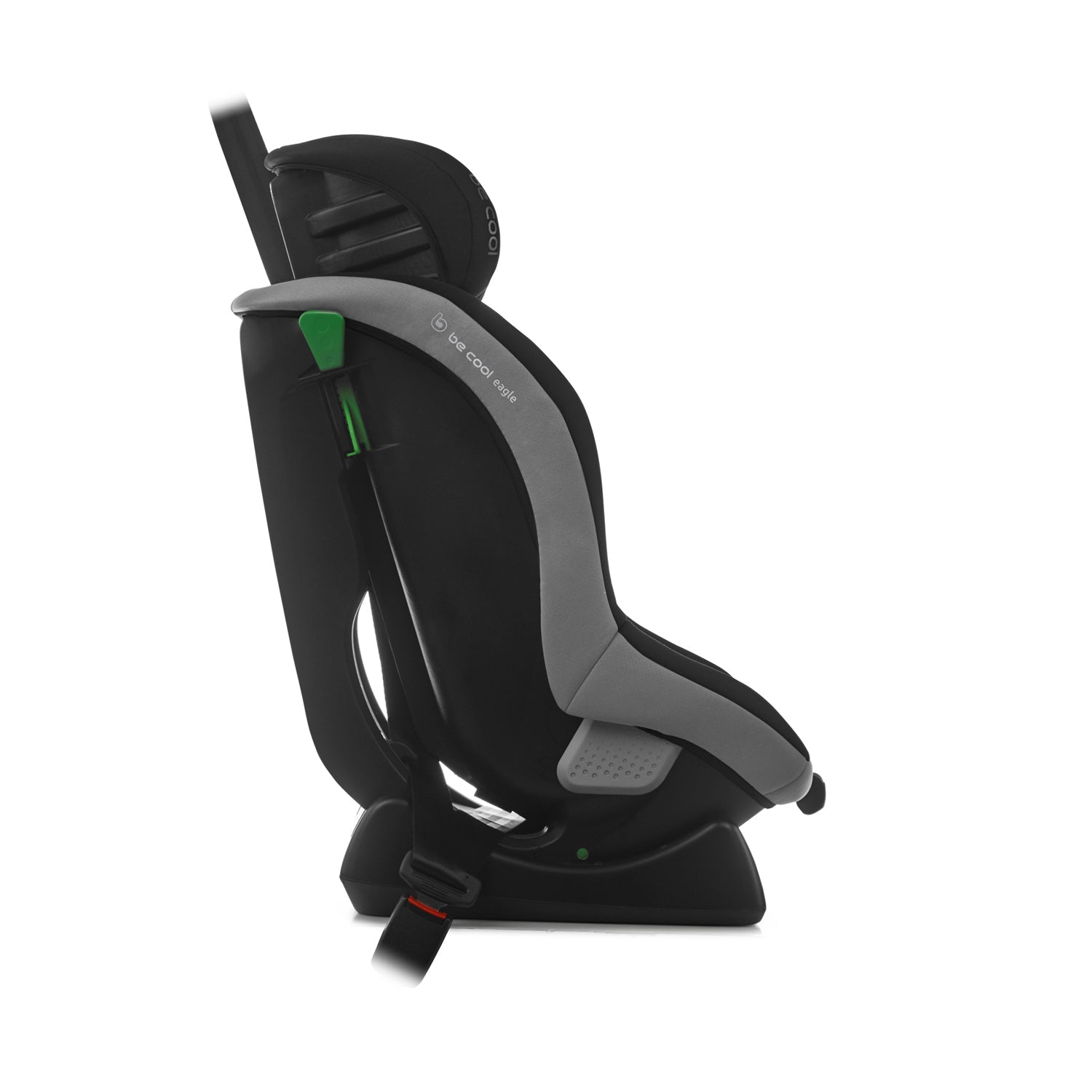 Black and gray car seat with green accents on a white background