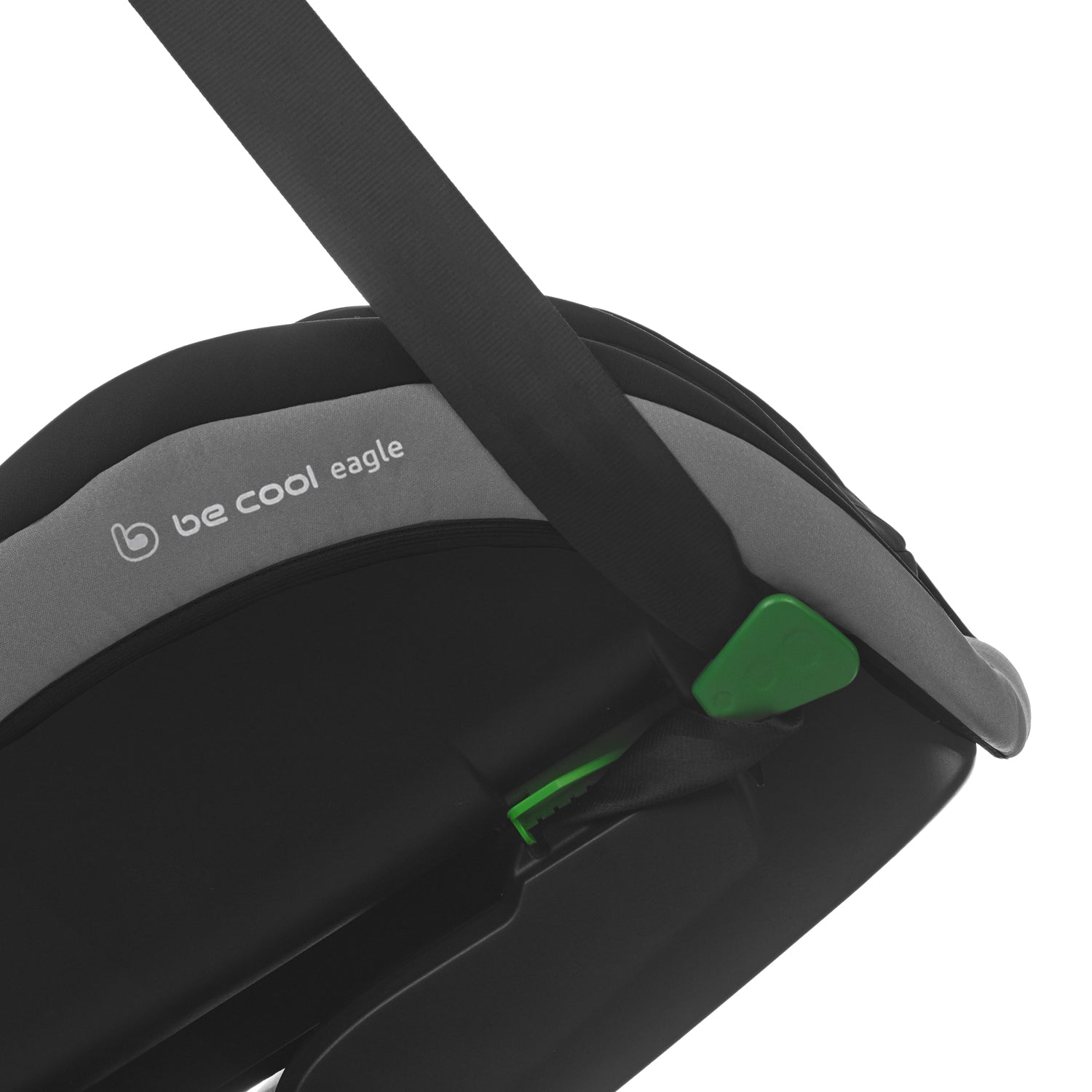 Close-up of a car seat with 'be cool' branding on a white background