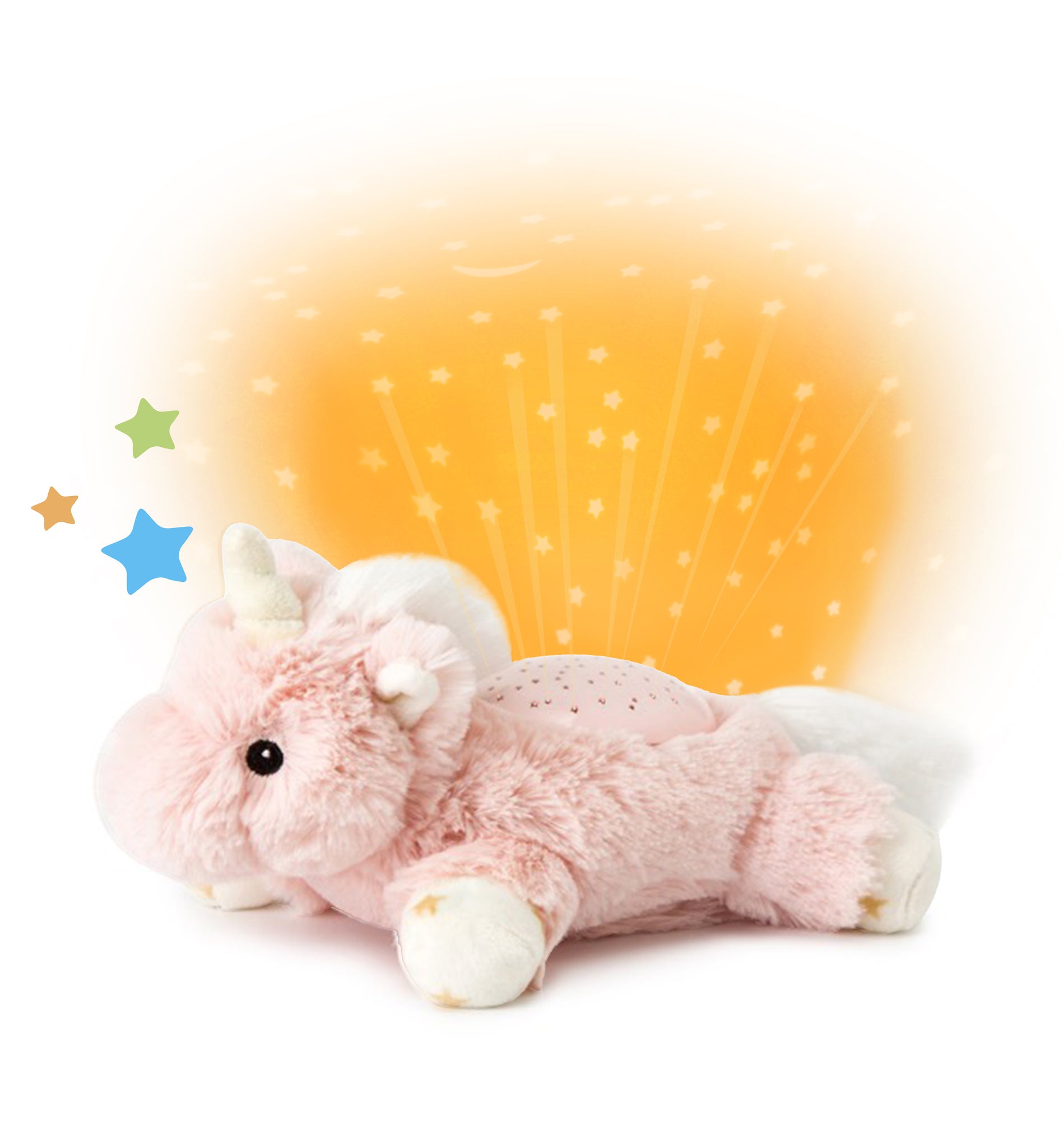 Pink unicorn plush toy with a starry light projector on a white background