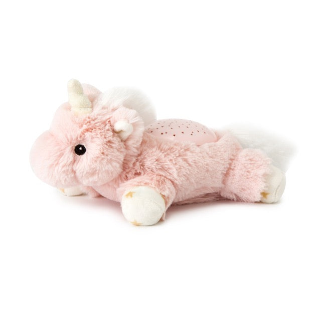 Pink plush unicorn toy on a white background