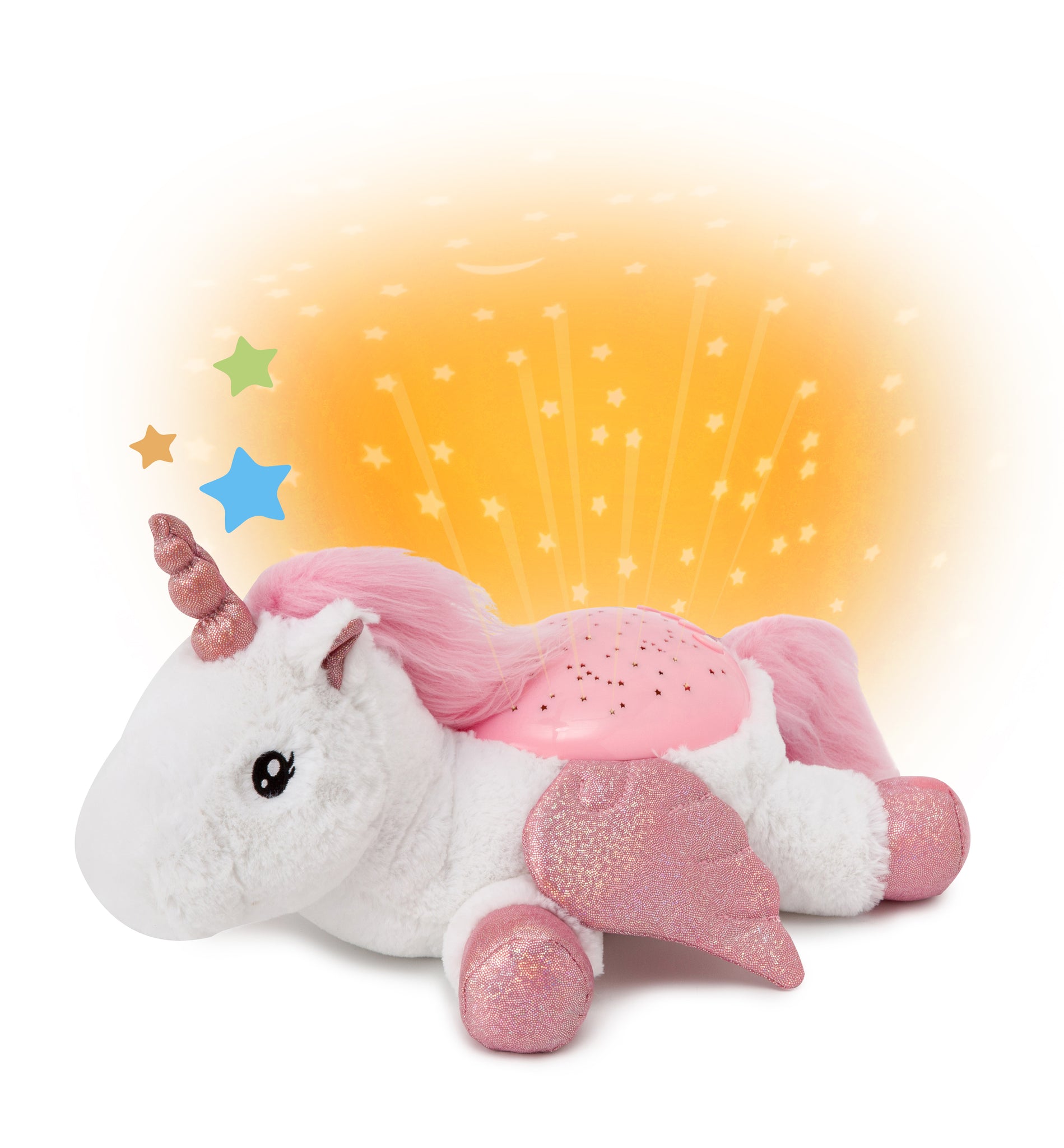 Plush unicorn toy with pink mane and tail against a soft glow background