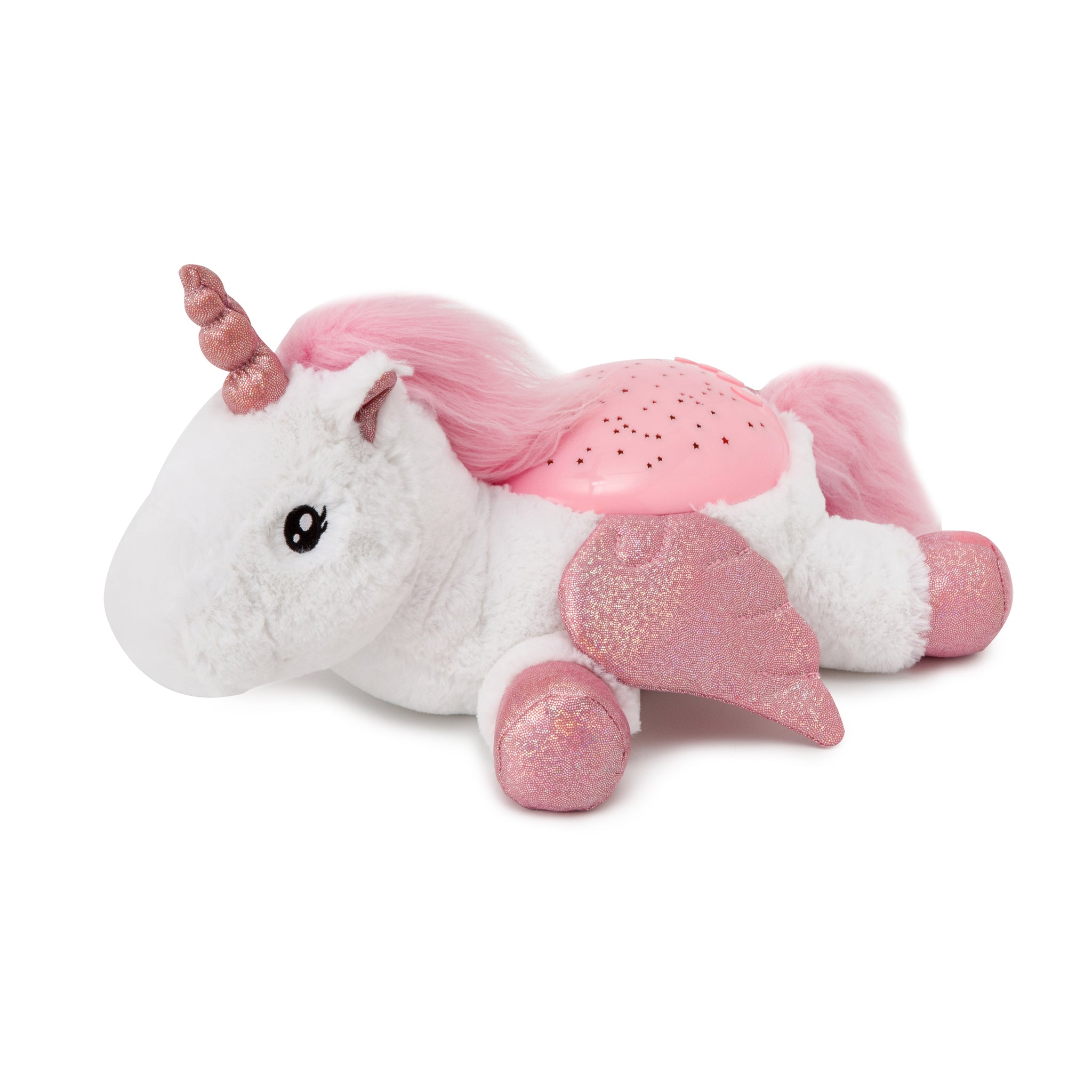 Plush toy resembling a unicorn with pink hair and hooves on a white background