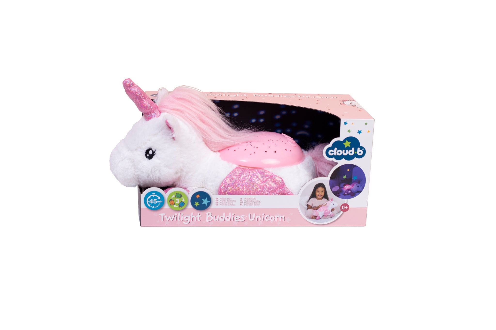 Pink unicorn plush toy with cloud b branding on a white background