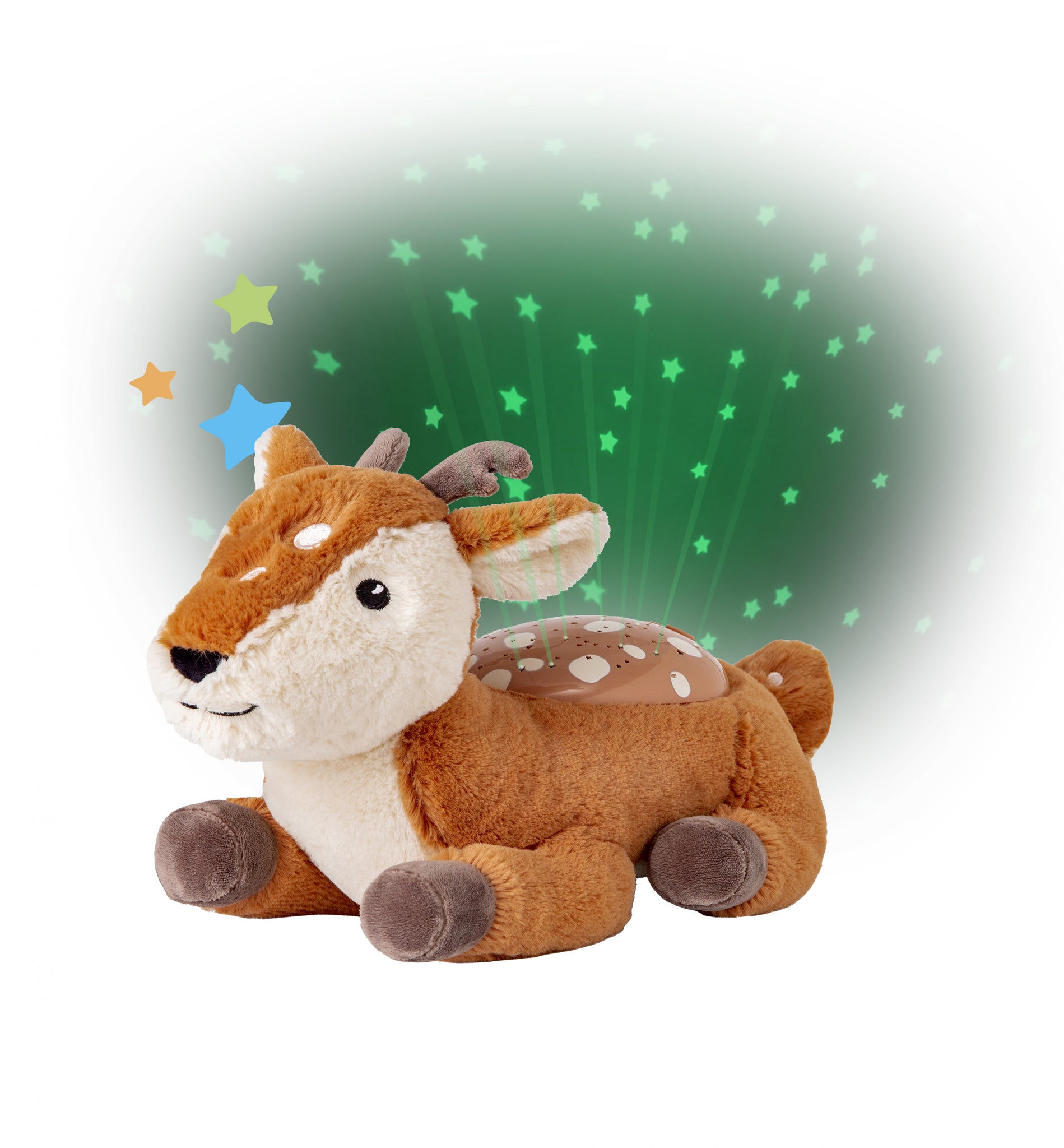 Plush deer toy with star projector on a white background