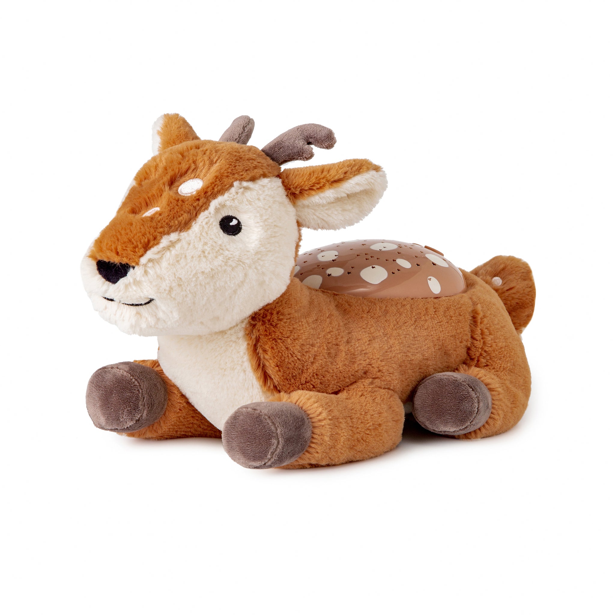 Plush deer toy with brown and white color scheme on a white background