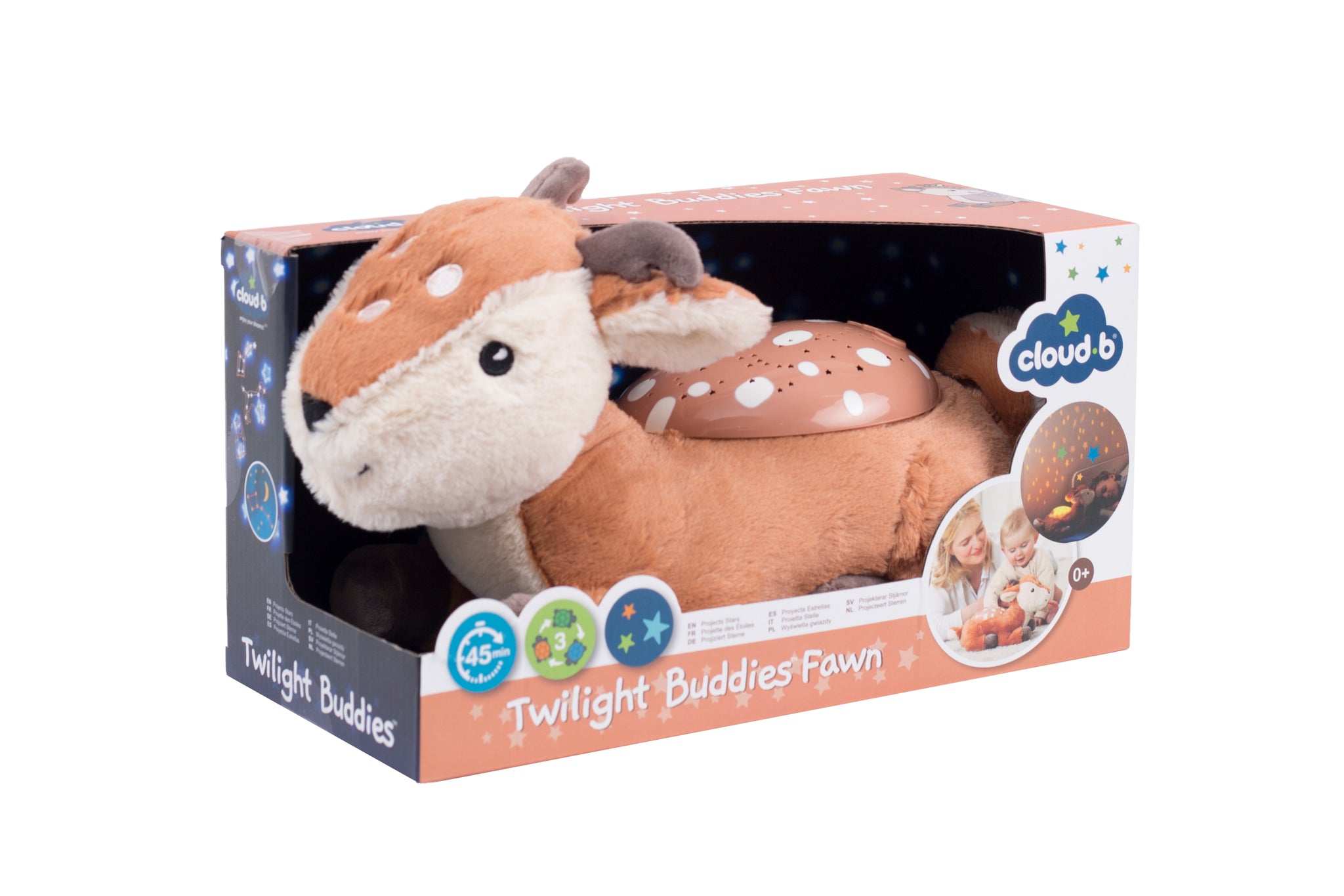Plush deer toy in packaging with 'cloud b' branding on a white background