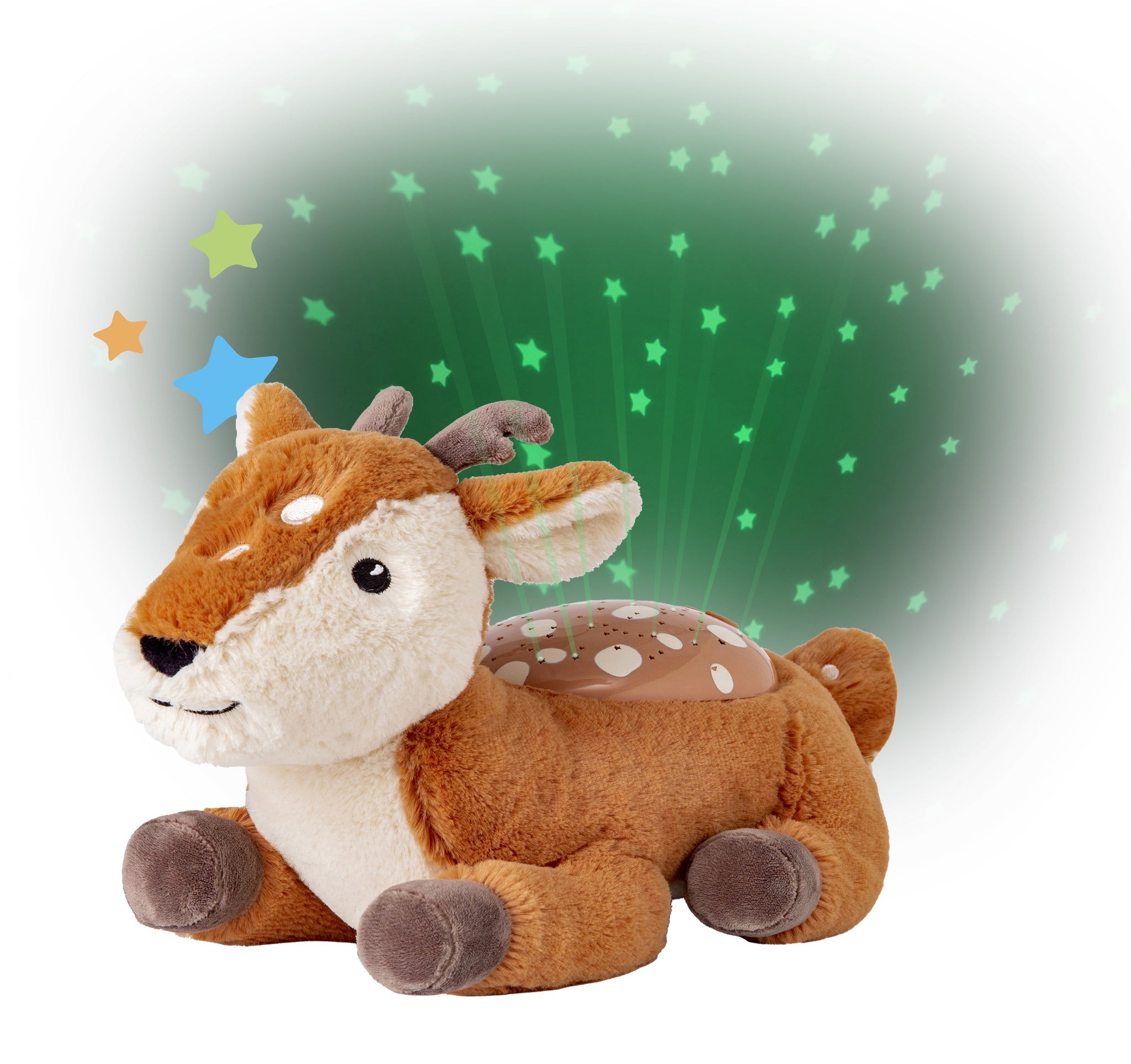 Plush deer toy with star projector on a white background