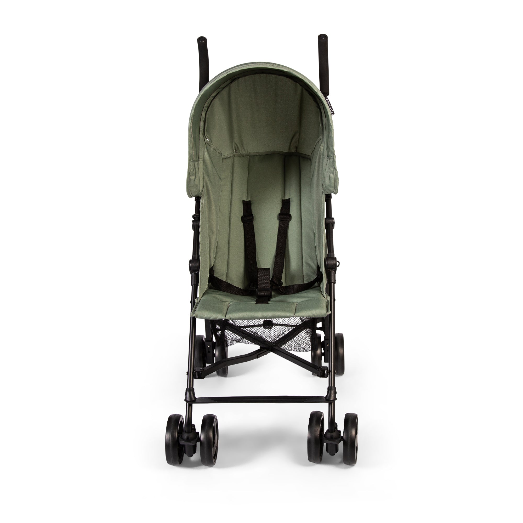 Green baby stroller on a white background