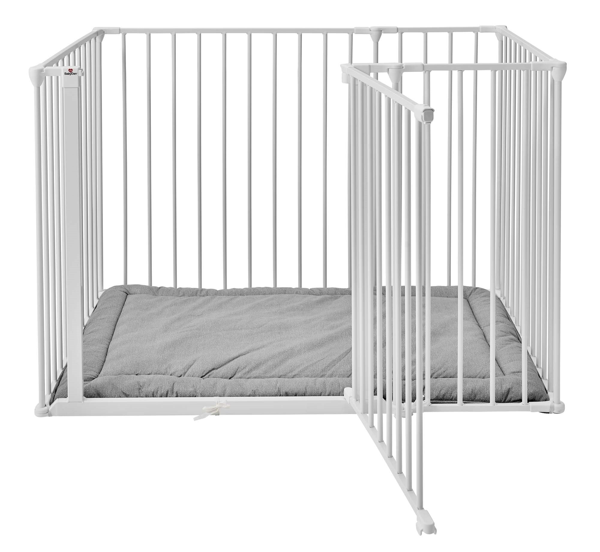 White metal playpen with a gray mattress on a white background