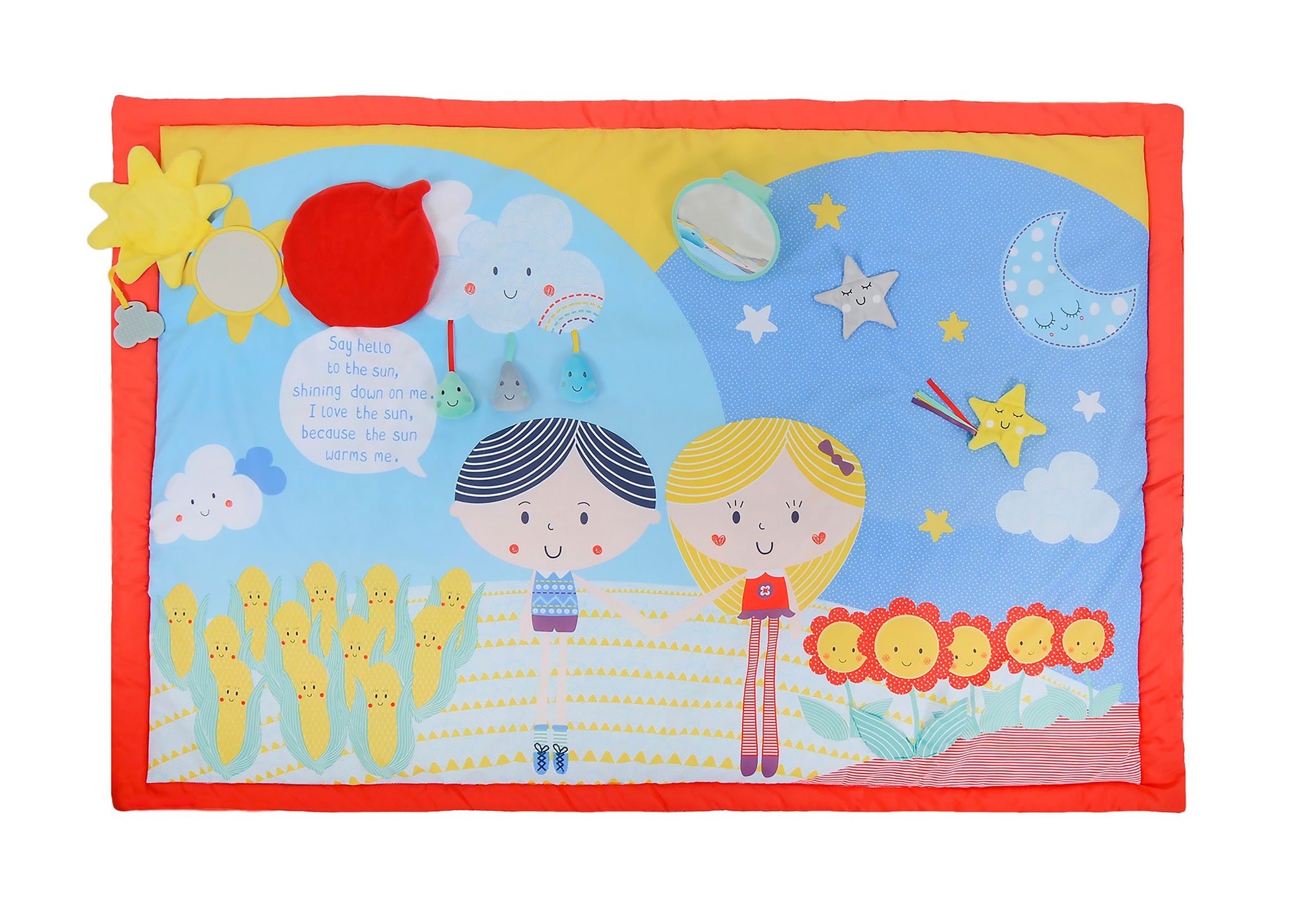 Children's educational mat with cartoon characters and space-themed illustrations on a white background