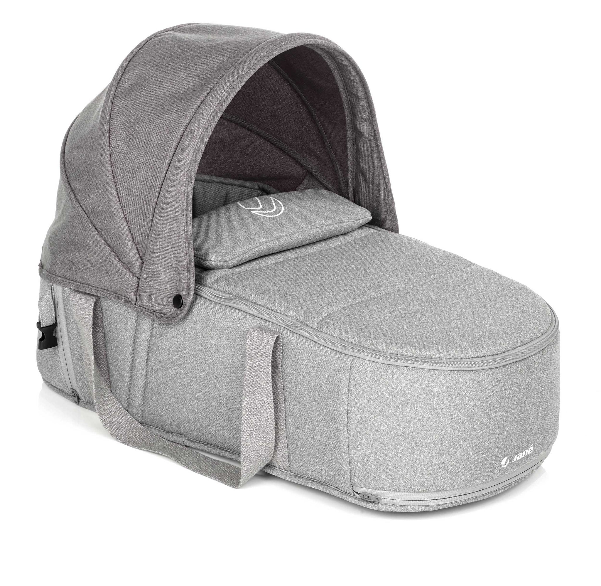 Gray baby bassinet with a hood on a white background