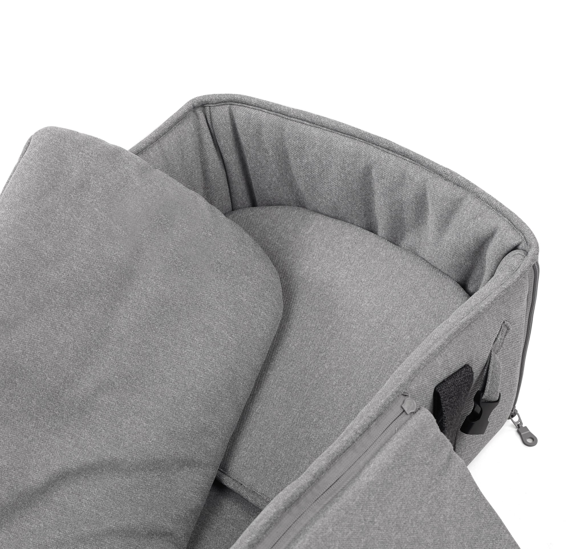 Gray fabric bag with a zipper on a white background