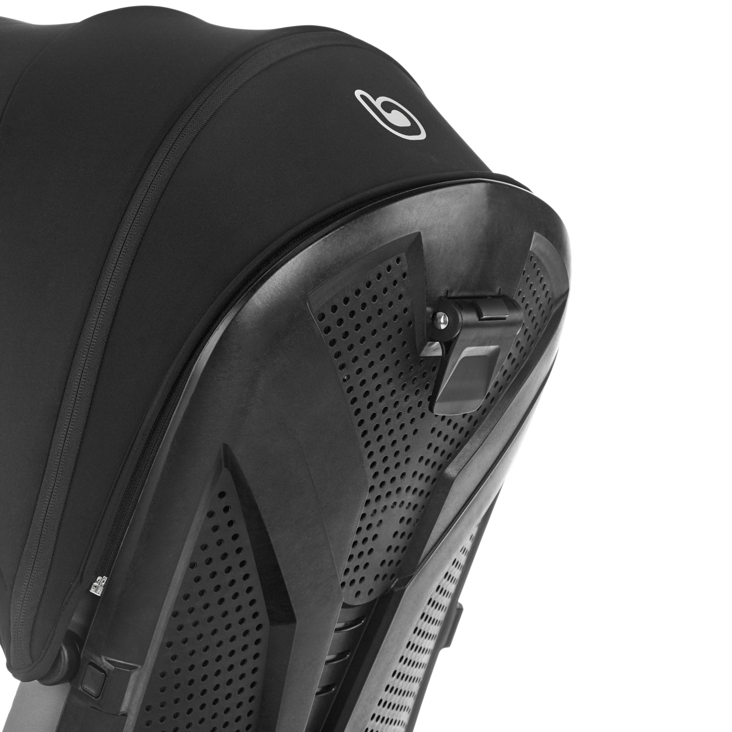 Close-up of a black baby carrier with a brand logo on a white background