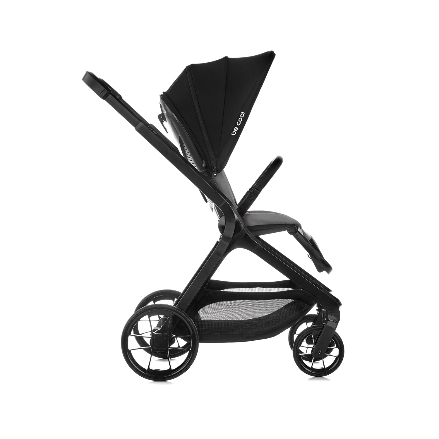 Black stroller with canopy on a white background