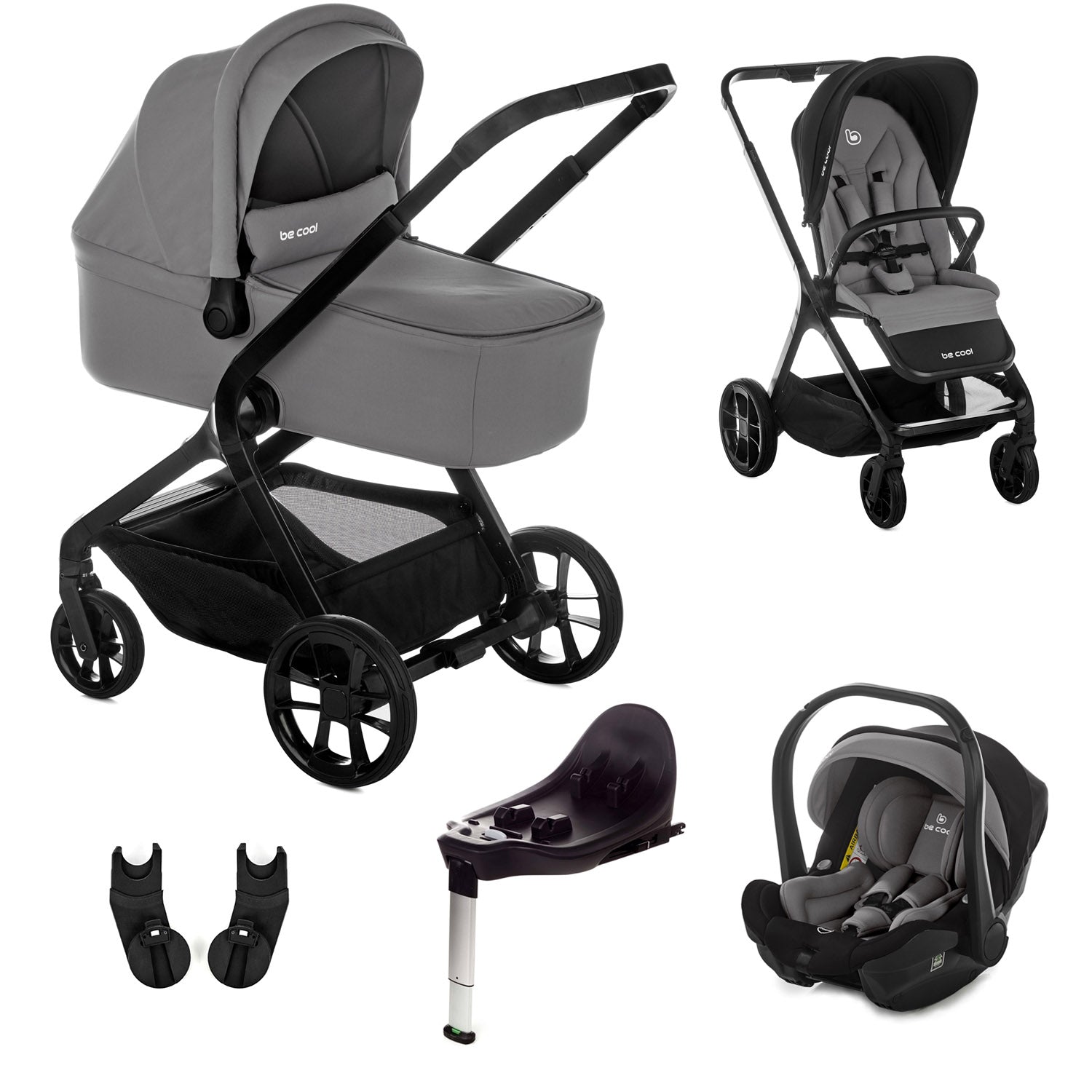 Collage of a baby stroller and car seat set with various components on a white background.