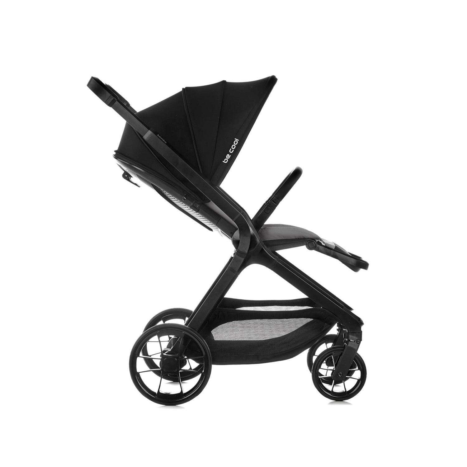 Black stroller with be cool Babies branding on a white background