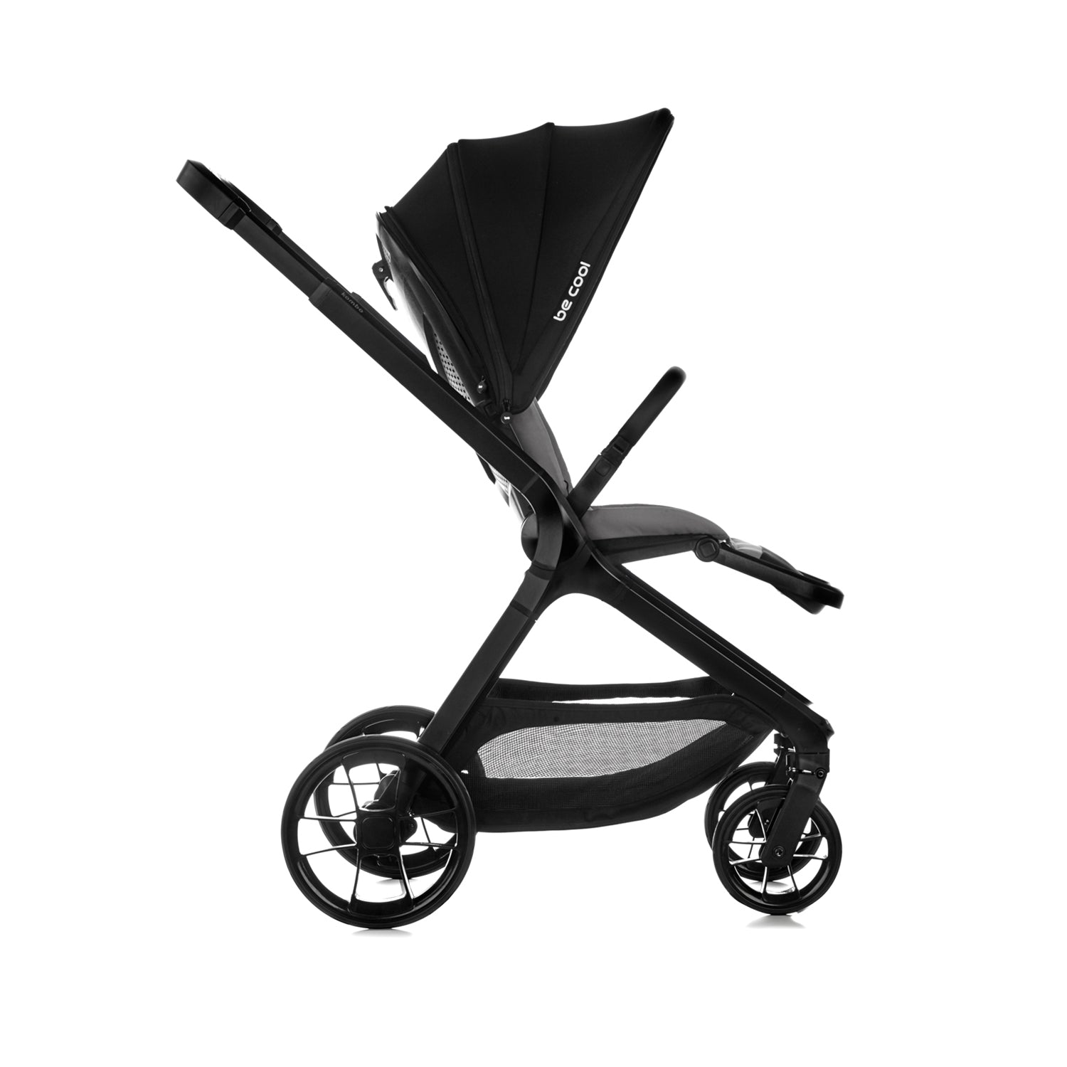 Black stroller with 'be cool' text on a white background