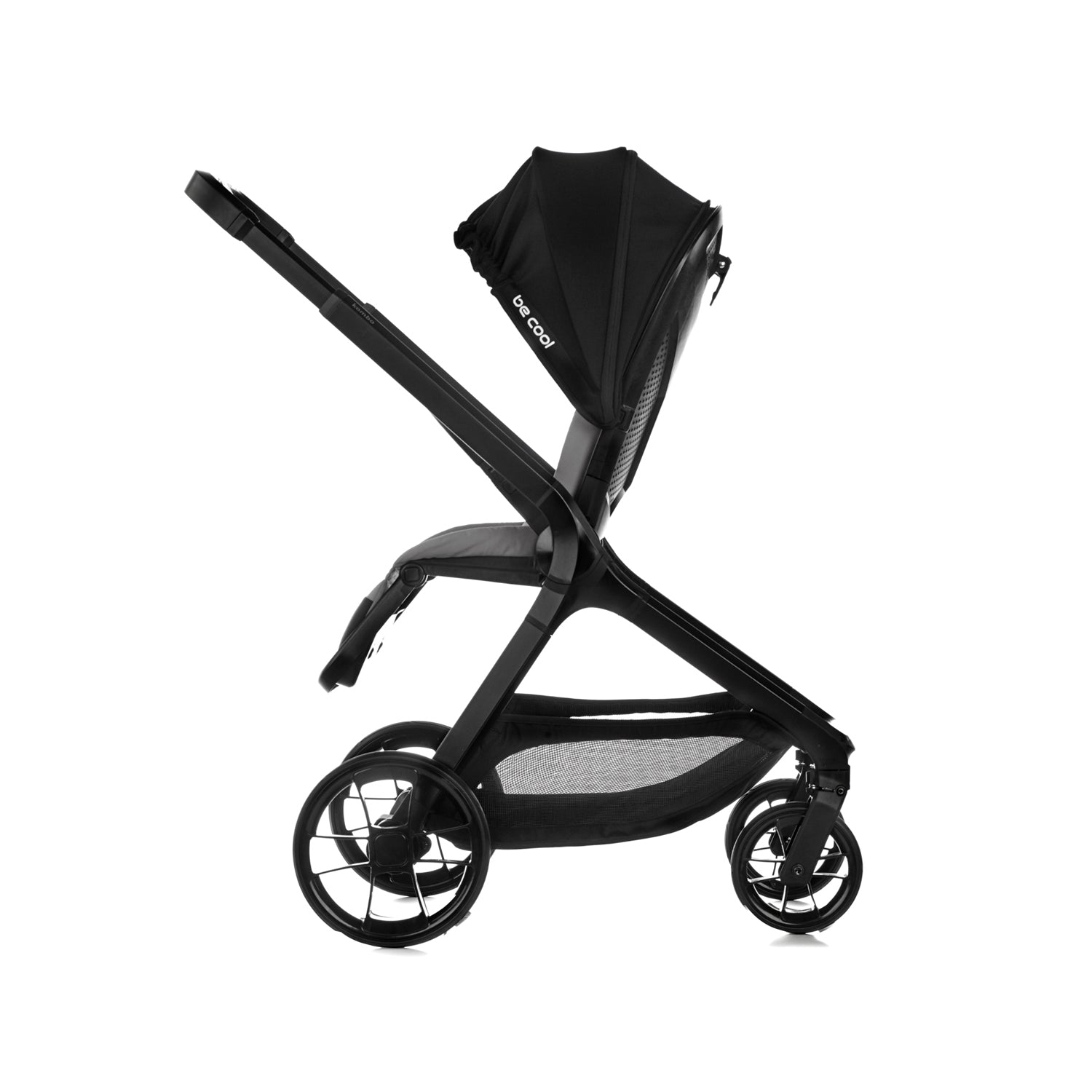 Black stroller with canopy on a white background