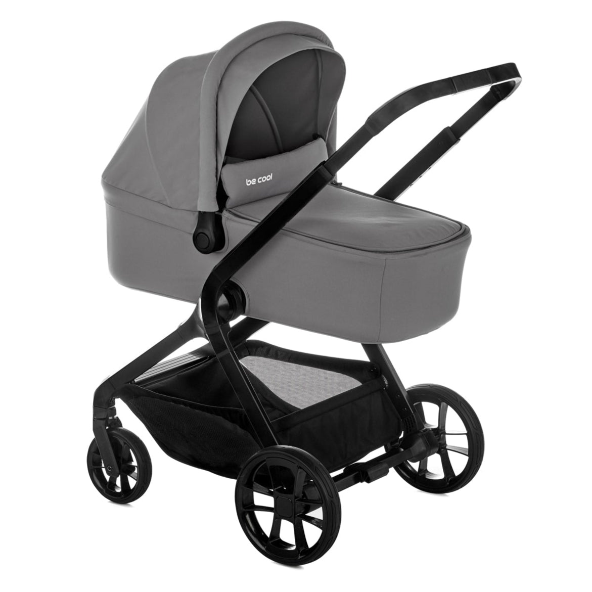 Gray and black stroller with a baby carrier on a white background