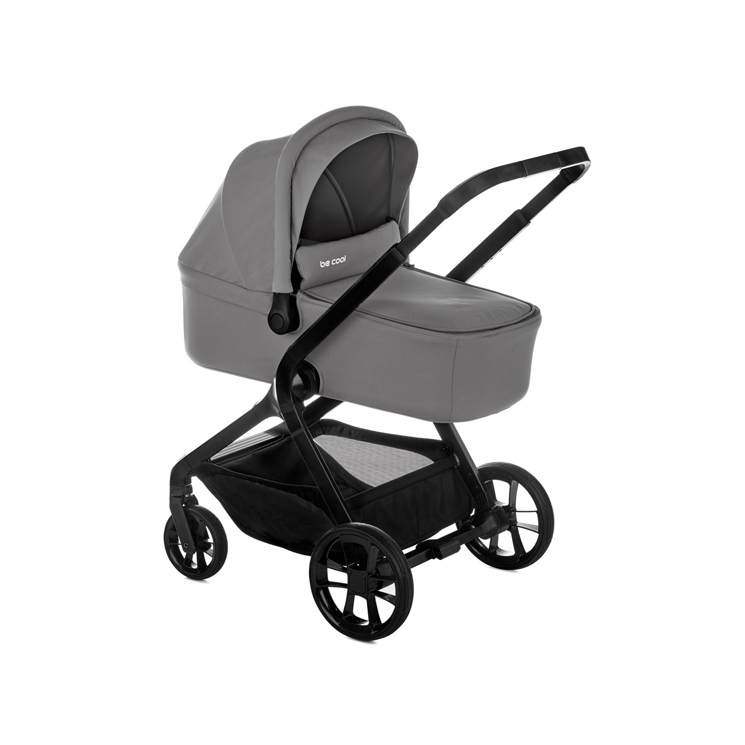 Gray and black stroller on a white background