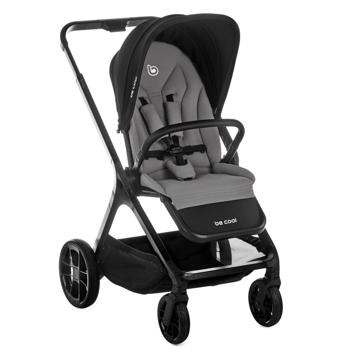 Gray and black stroller with 'be cool' branding on a white background