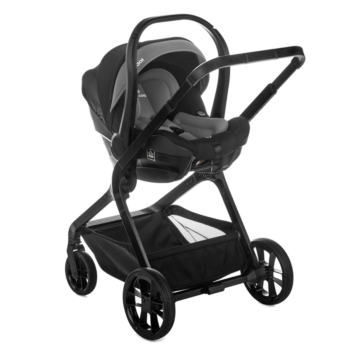 Black stroller with baby seat on a white background