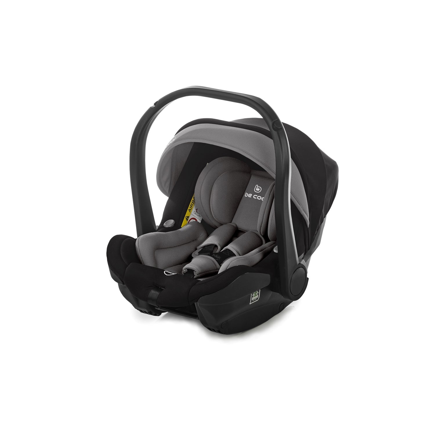 Baby car seat with black and gray design on a white background