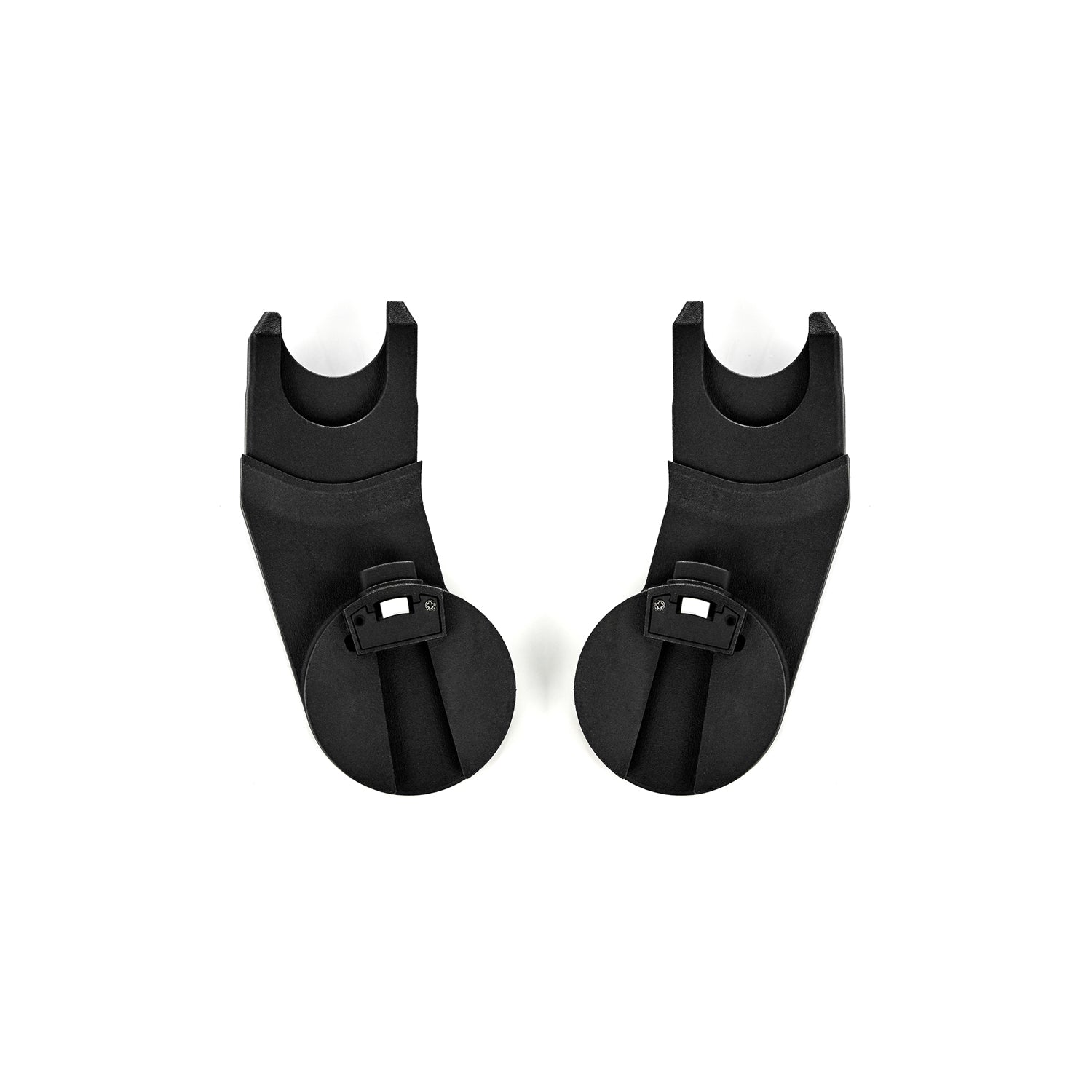 Two black plastic clips on a white background