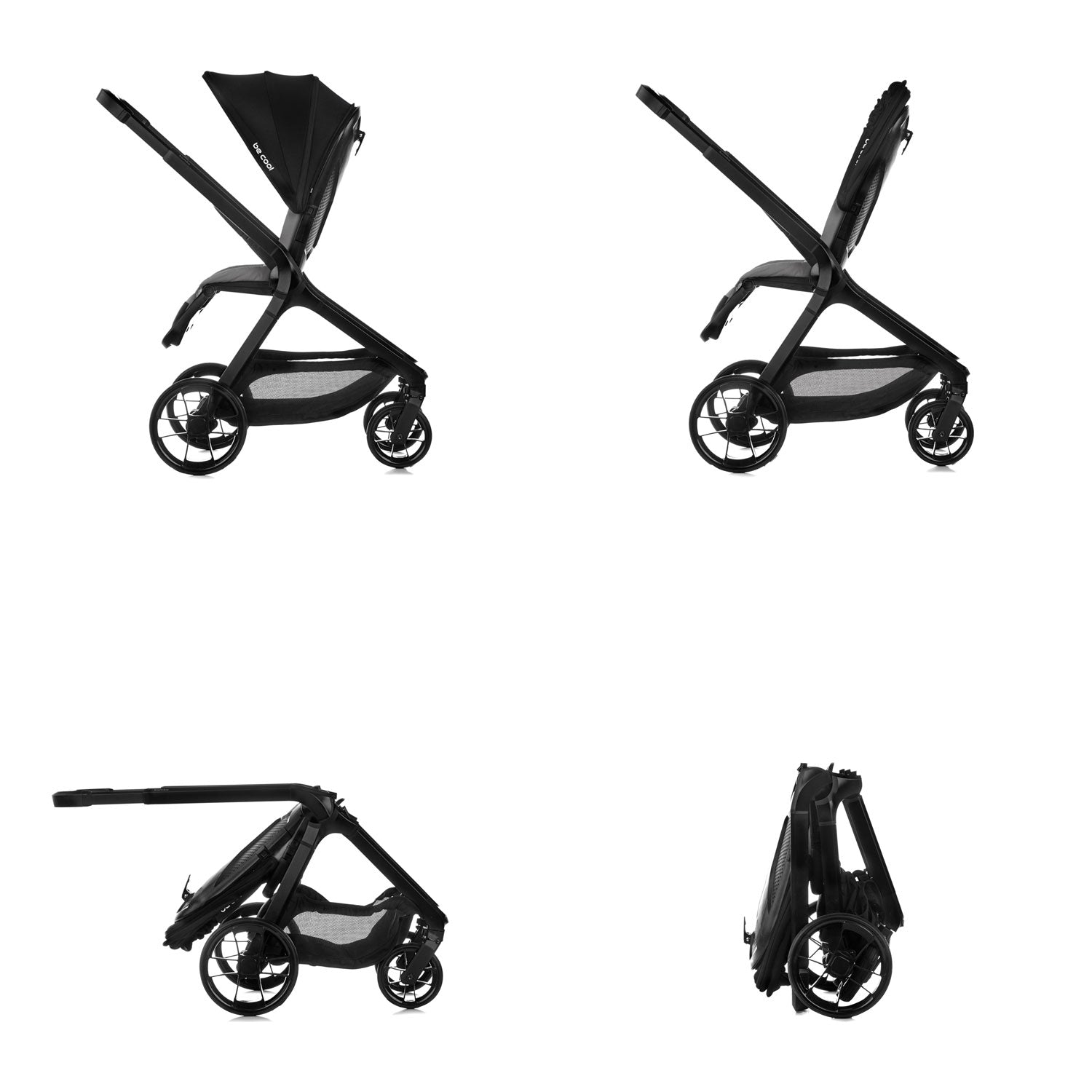 Black stroller in various positions on a white background