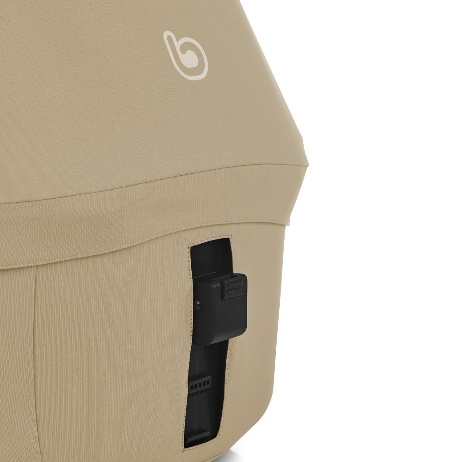 Beige carrycot with a black strap and visible brand logo on a white background