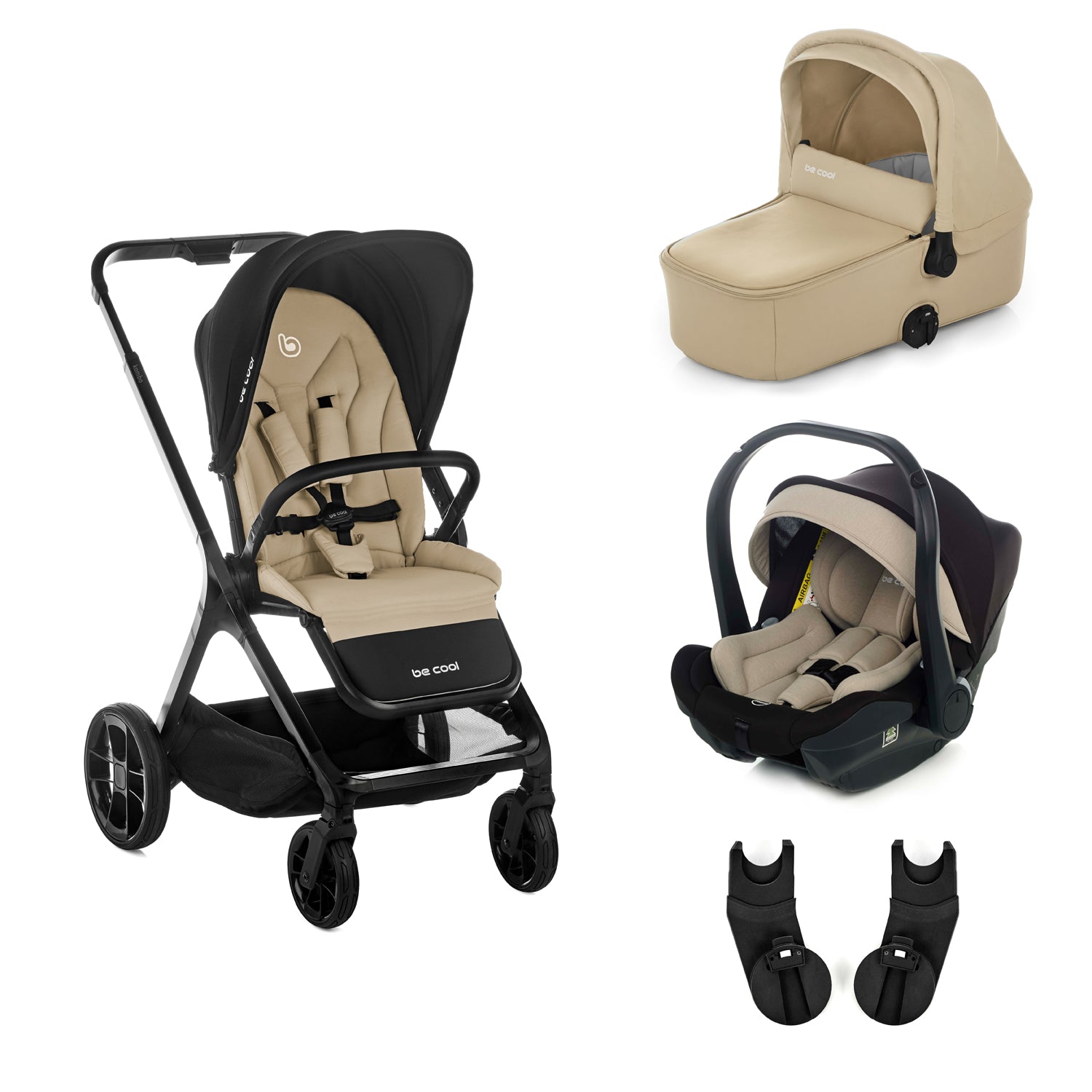 Collage of a beige and black stroller, car seat, and accessories on a white background