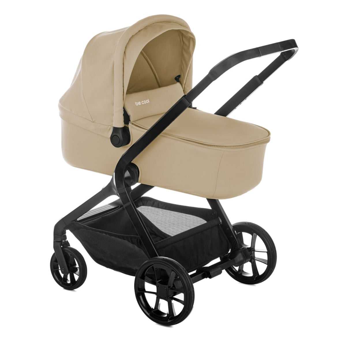 Beige baby stroller with black frame on a white background