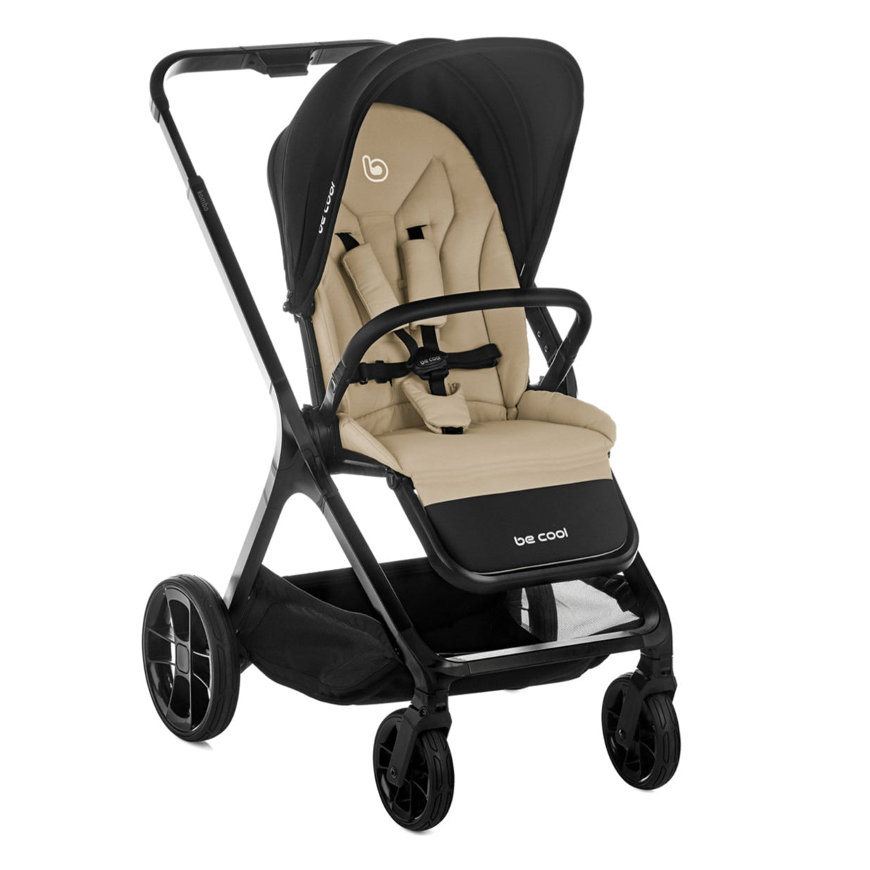 Beige and black stroller on a white background