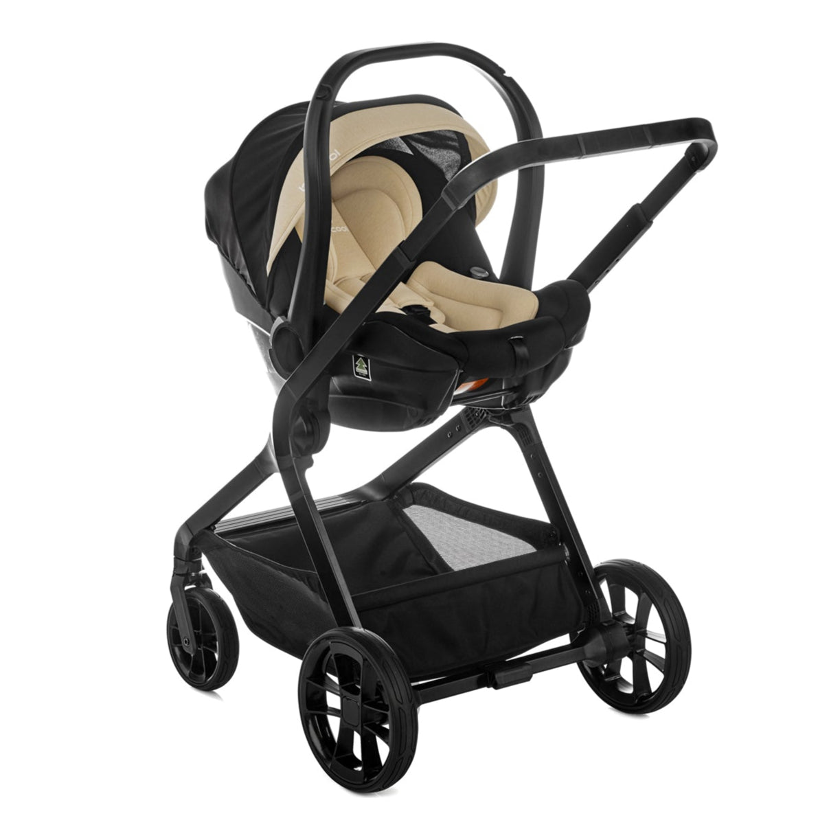 Black baby stroller with beige seat on a white background