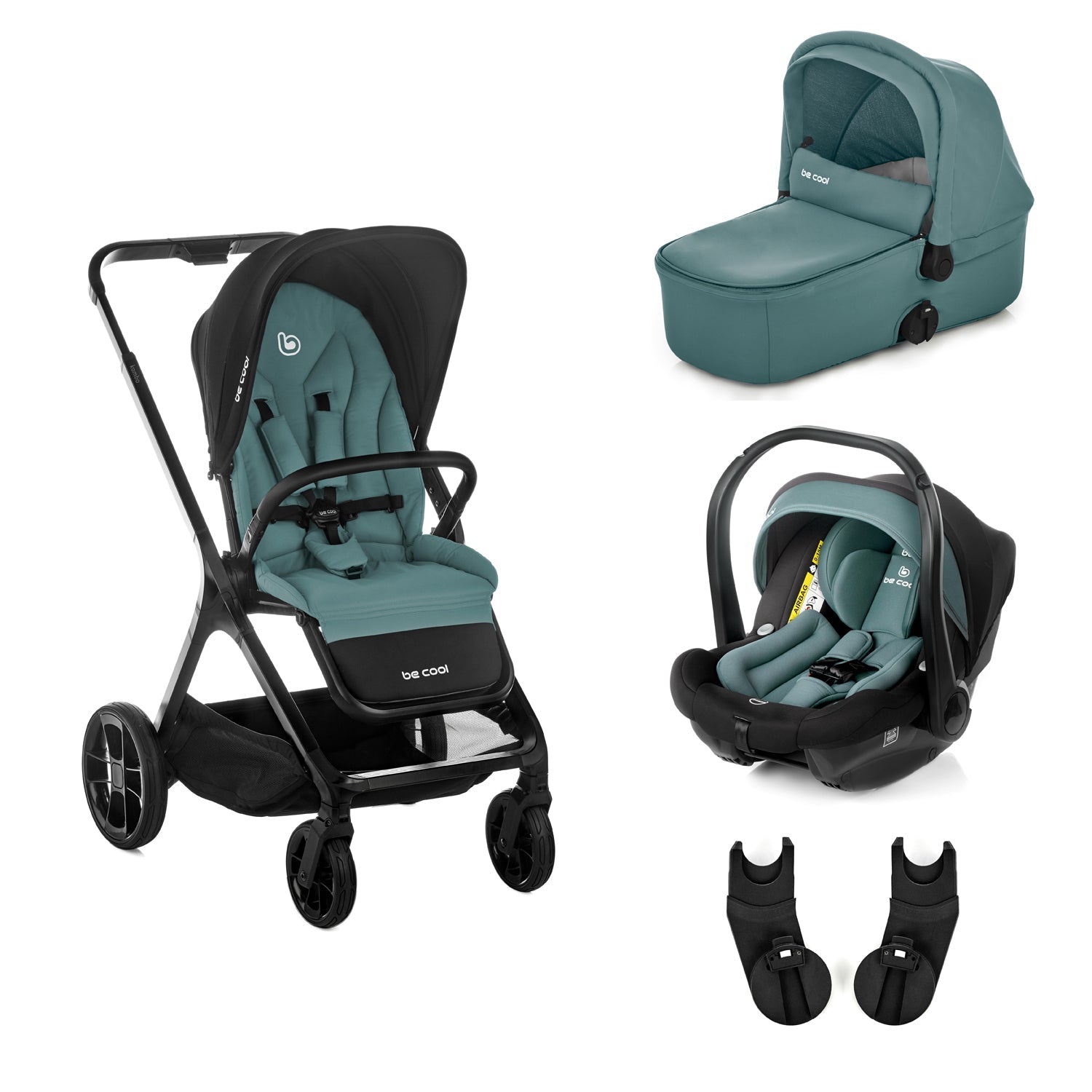 Collage of a teal and black baby stroller, car seat, and accessories on a white background
