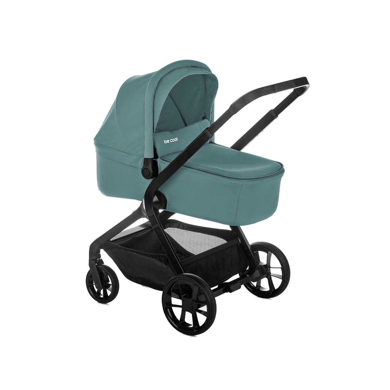 Teal baby stroller with black wheels on a white background