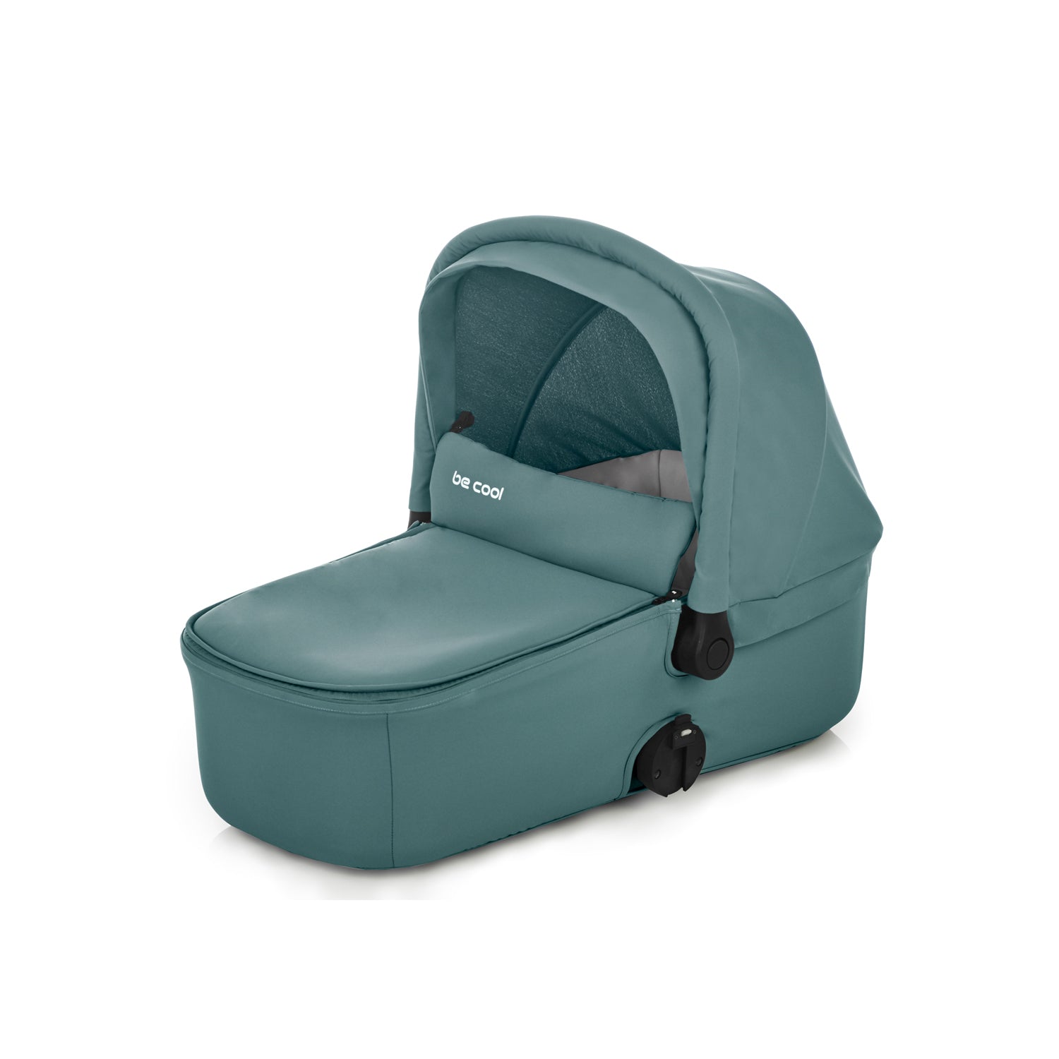 Teal baby stroller bassinet on a white background