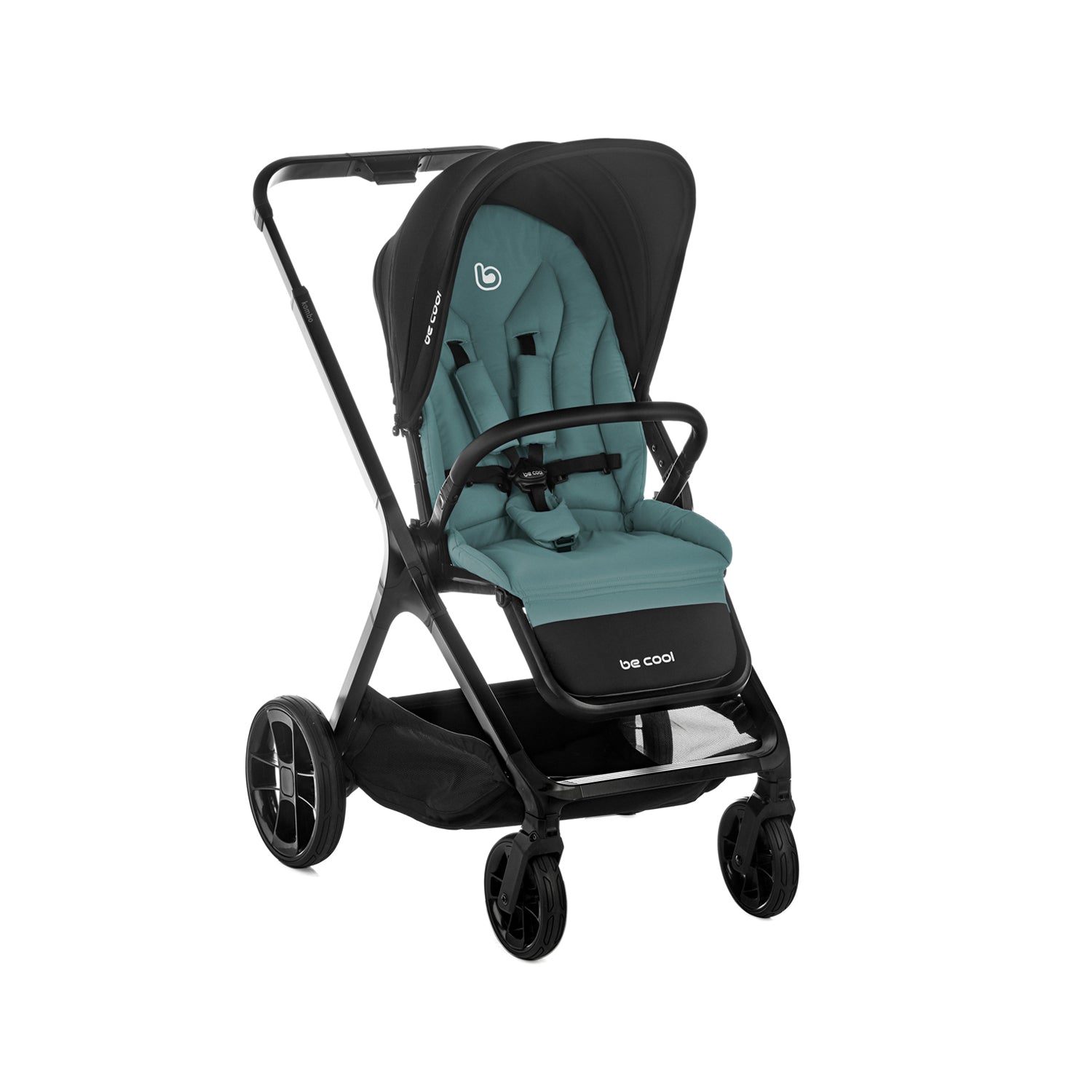 Teal and black stroller on a white background