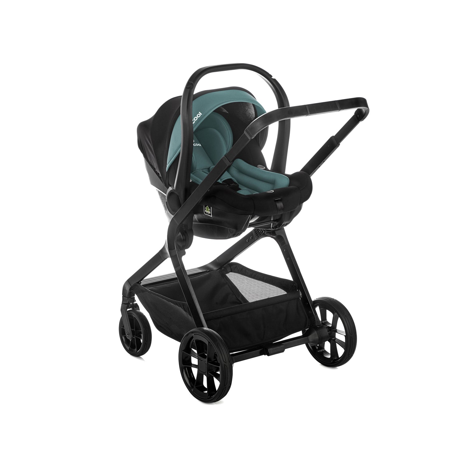 Black stroller with teal car seat on a white background