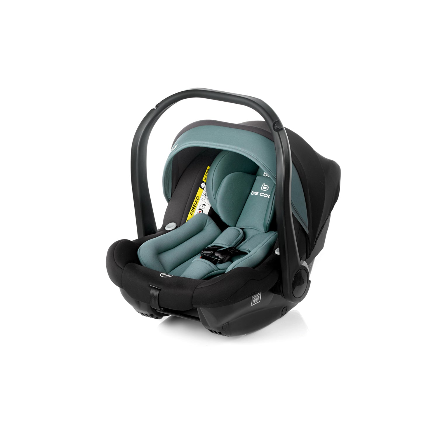 Baby car seat with black frame and teal interior on a white background