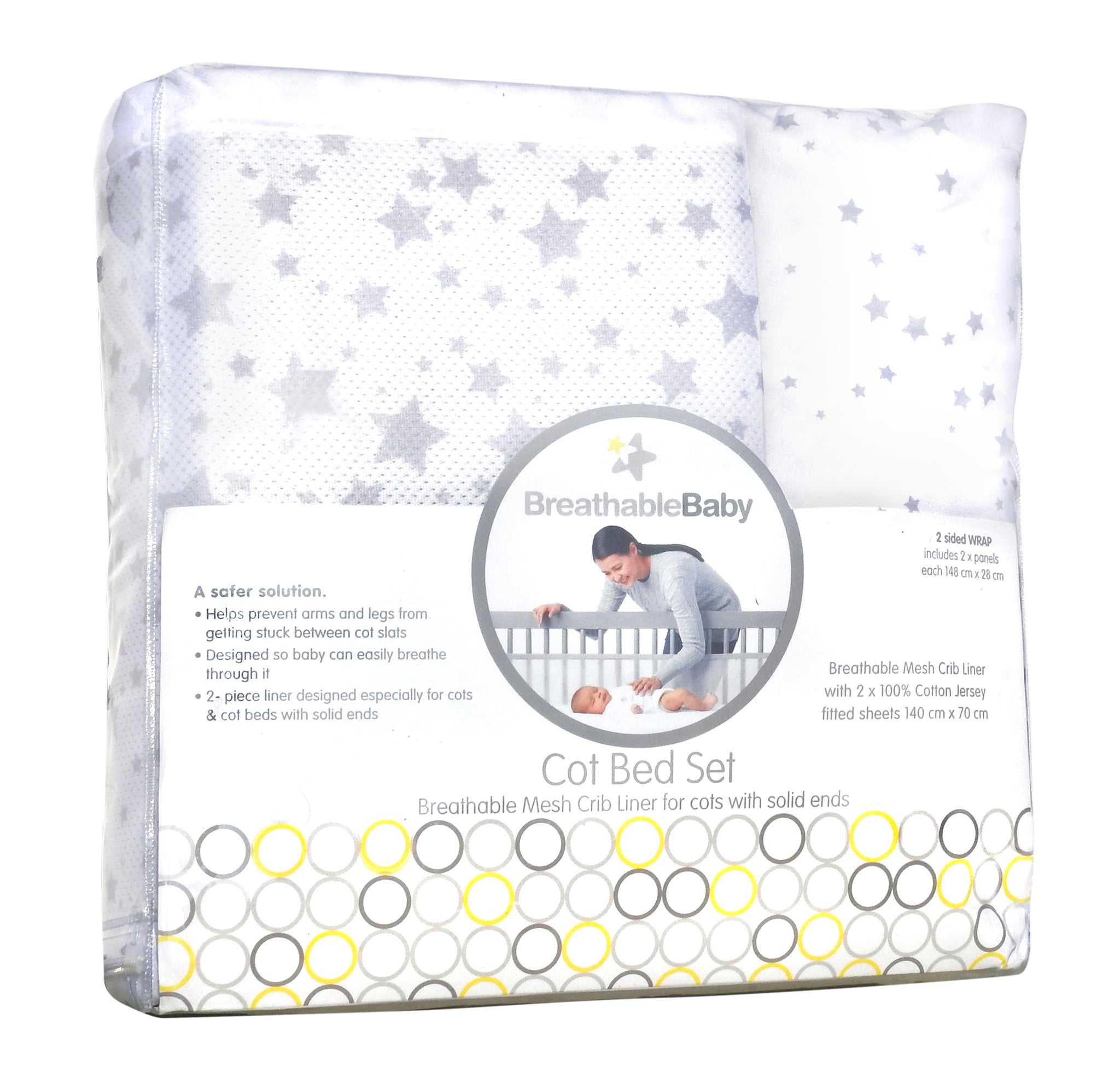 Packaged BreathableBaby cot bed set with star pattern on a white background