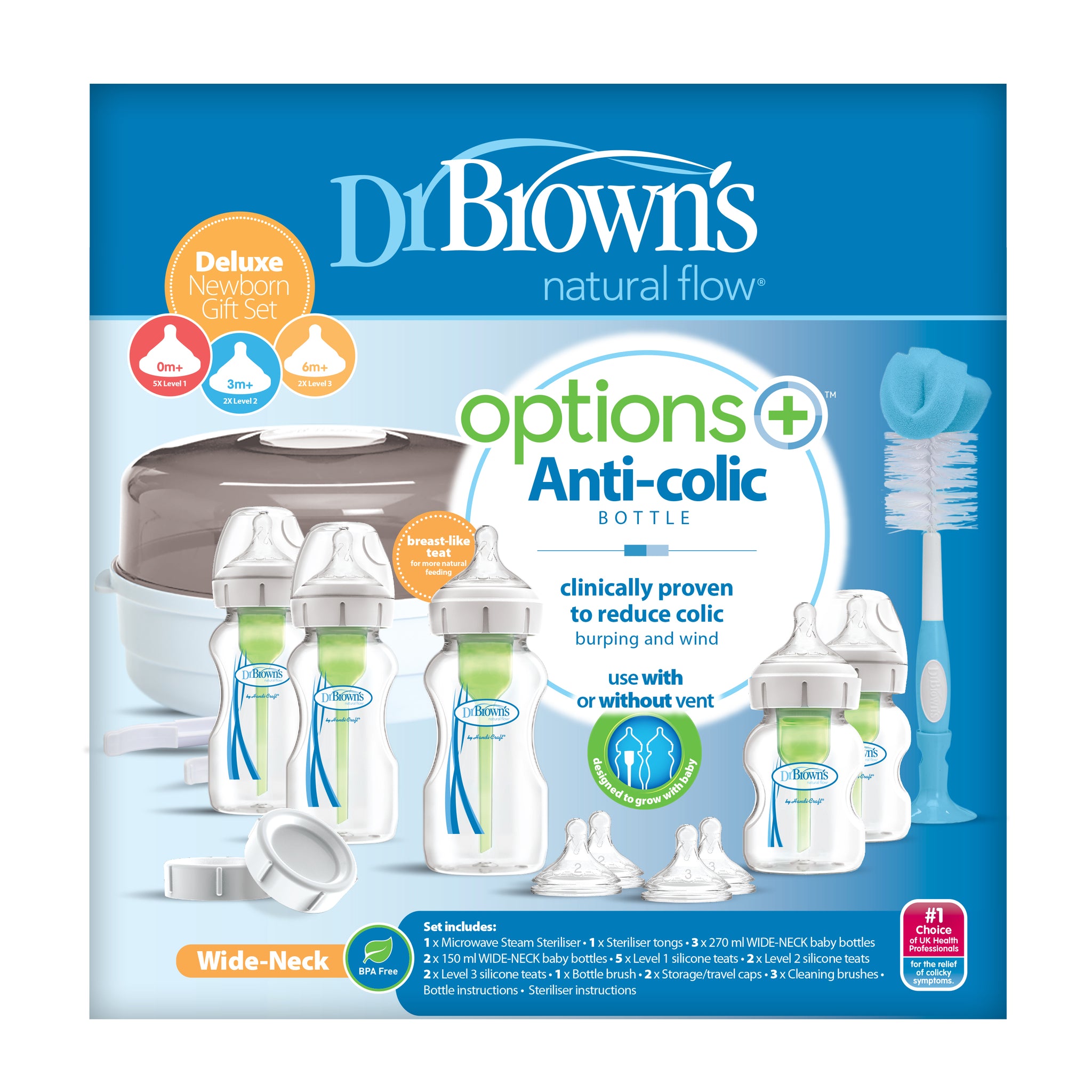 Dr. Brown's anti-colic bottle set packaging with bottles and accessories on a blue background