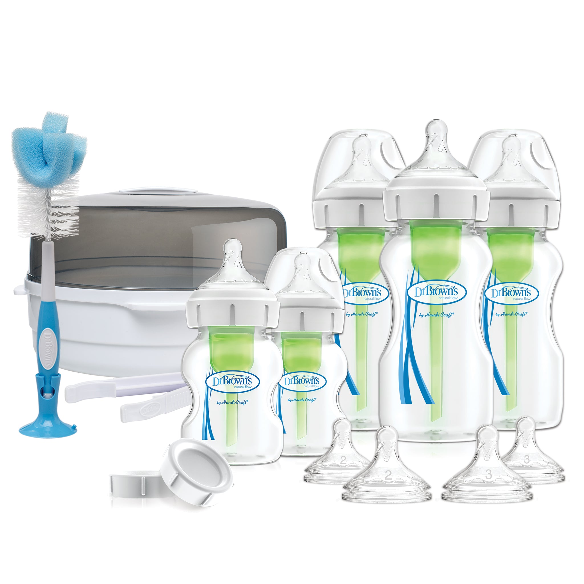 Dr. Brown's baby bottle set with bottles, nipples, and cleaning brush on a white background