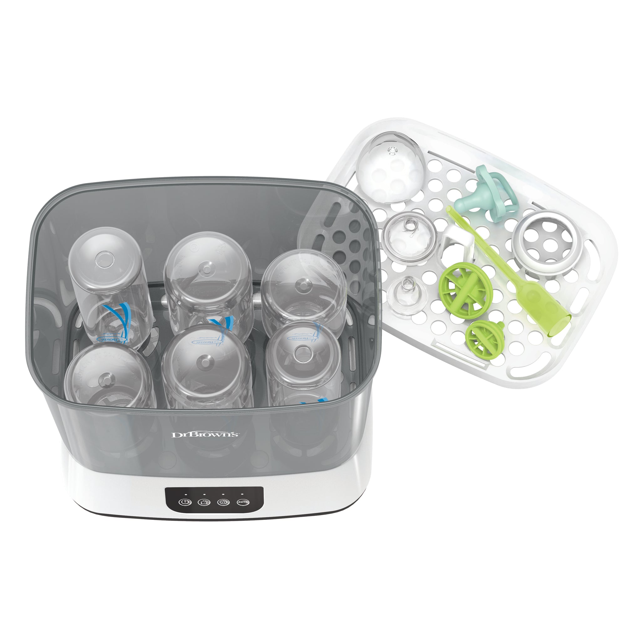 Grey and white sterilizer with baby bottles and accessories on a white background