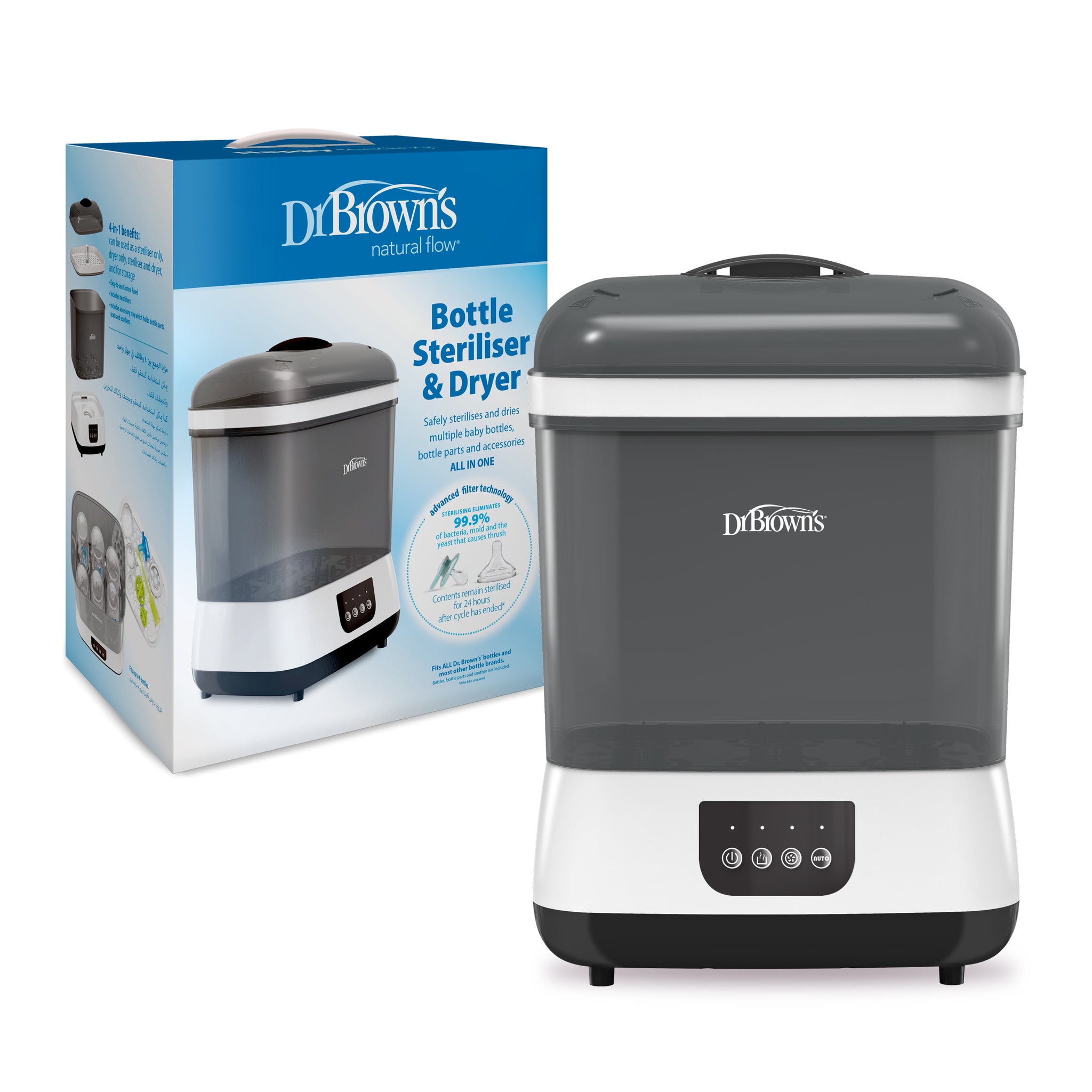 Dr Brown's bottle sterilizer and dryer with packaging on a white background