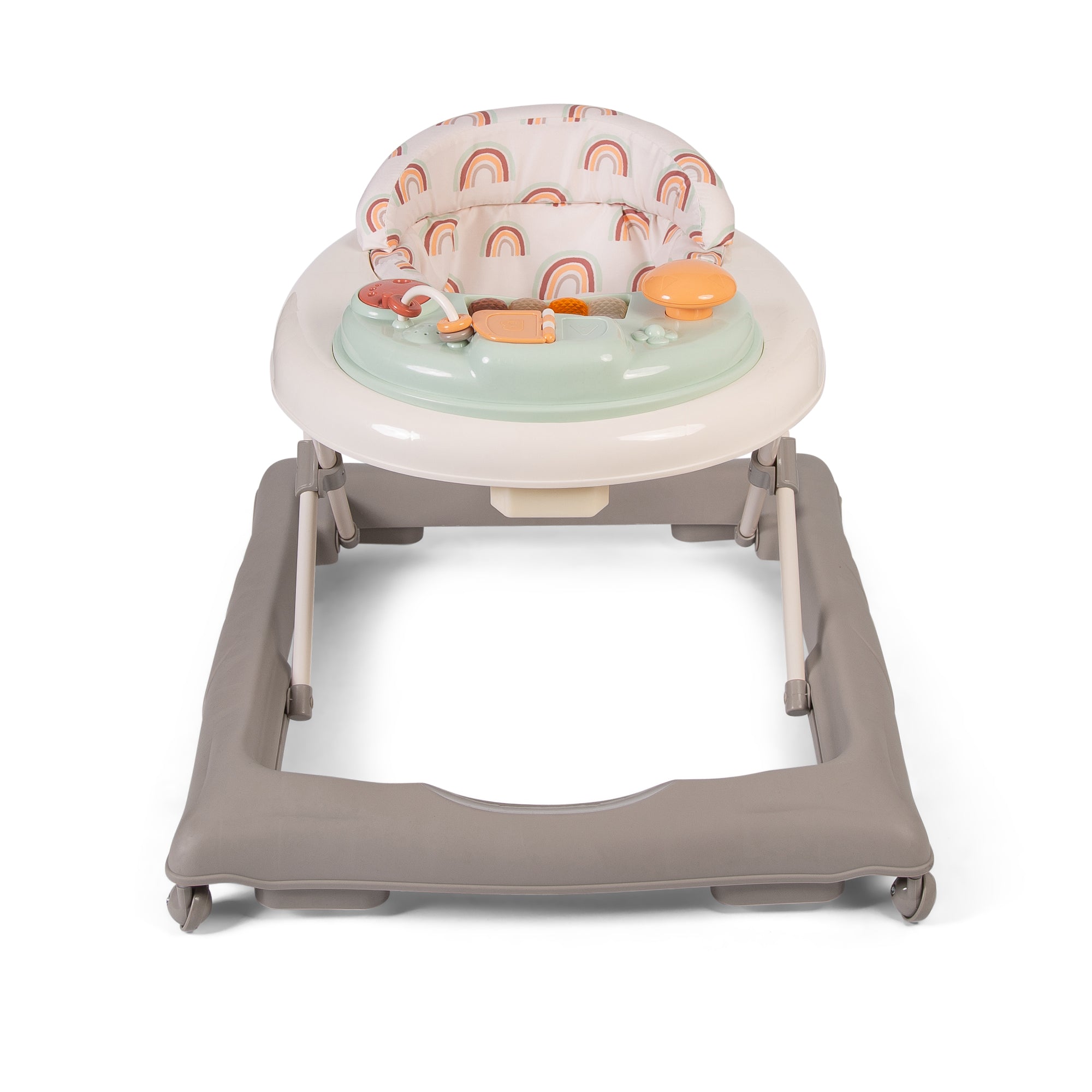Baby walker with colorful seat cover on a white background