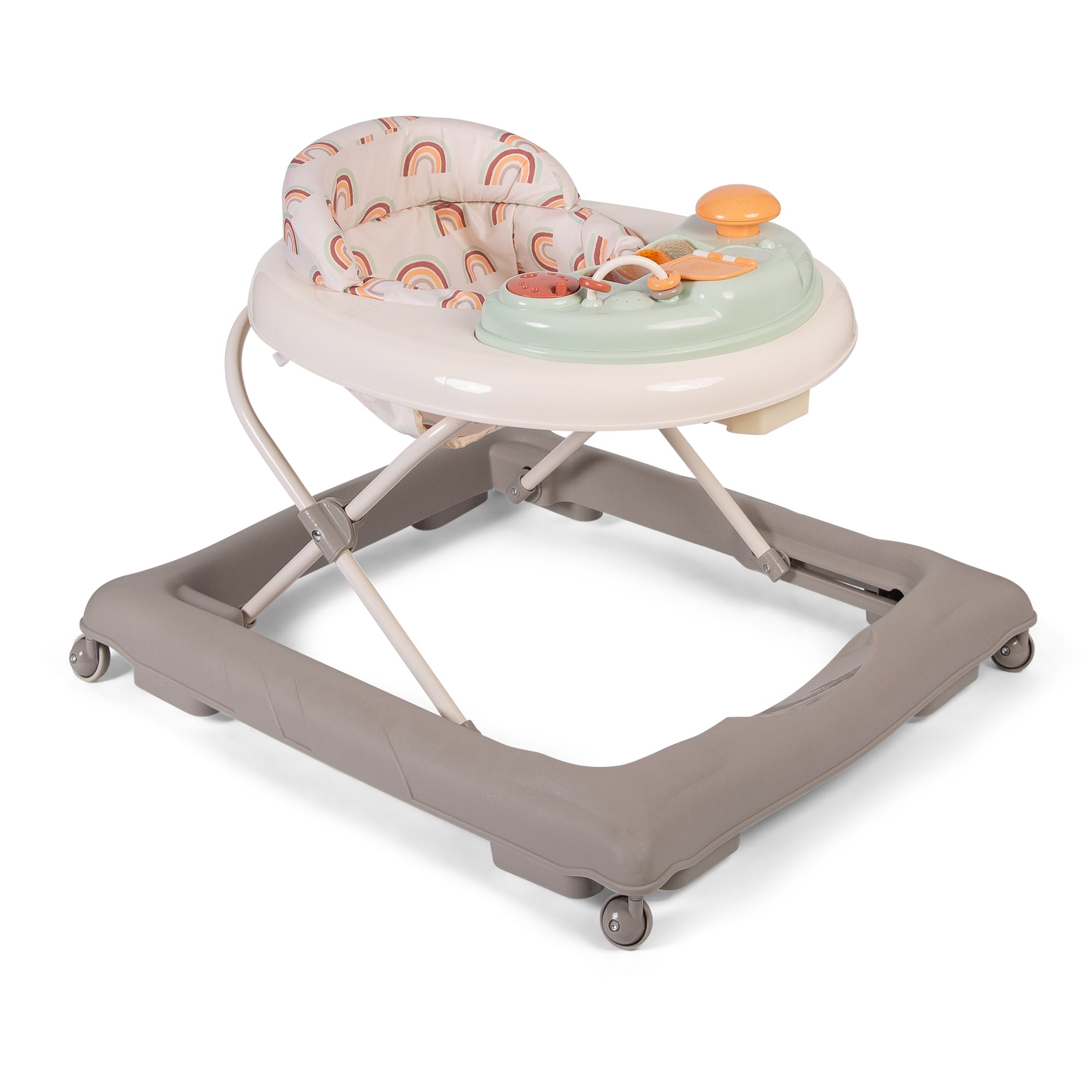Baby walker with colorful seat cover on a white background