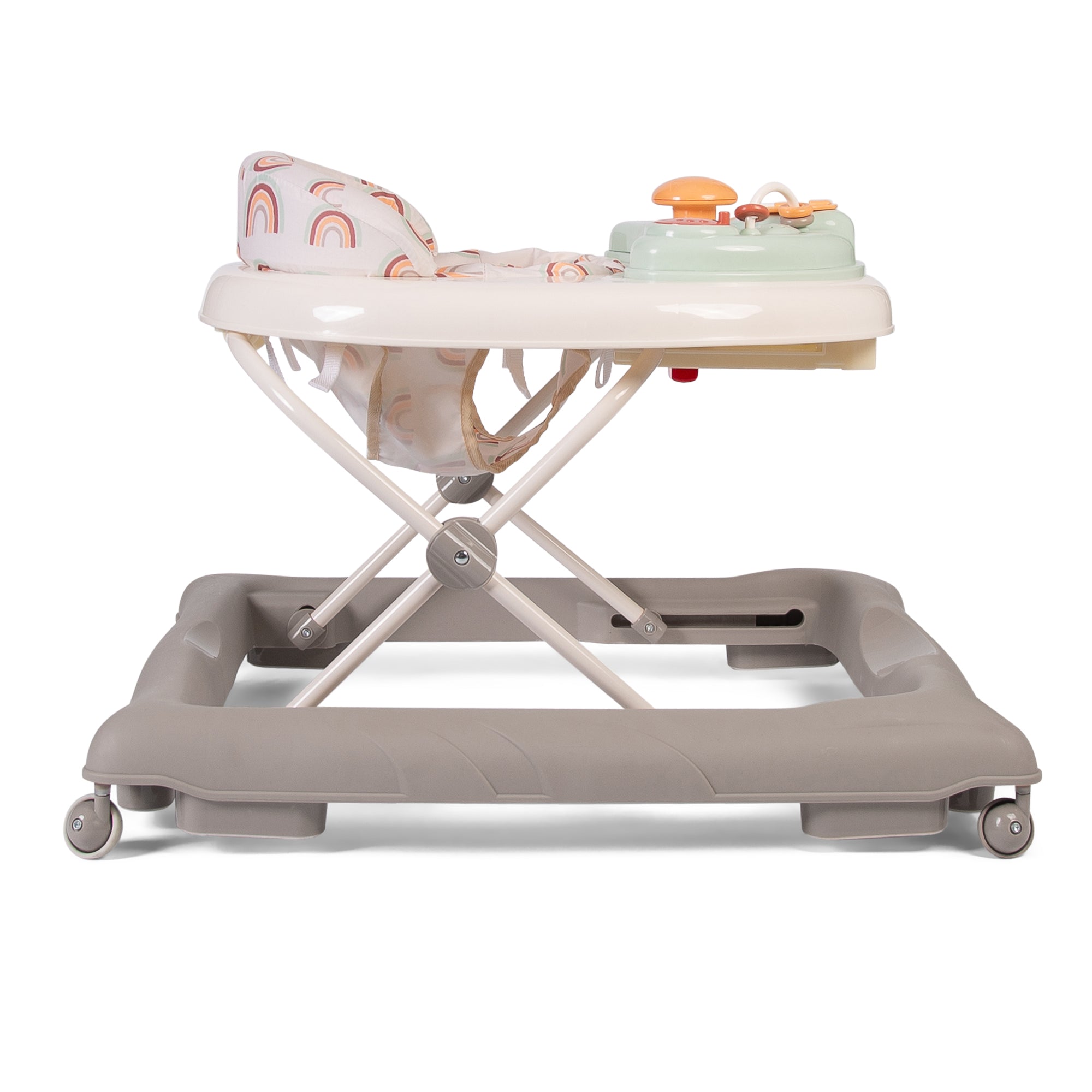 Baby walker with a cushion and toy on a white background