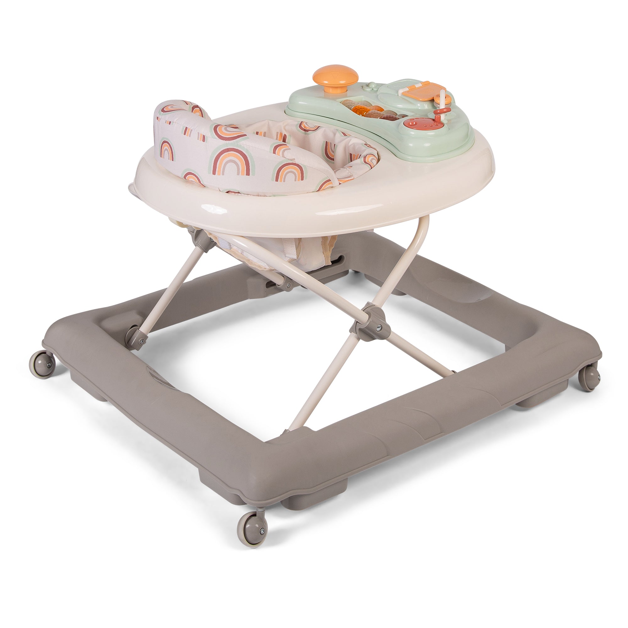 Baby walker with colorful seat and control panel on a white background